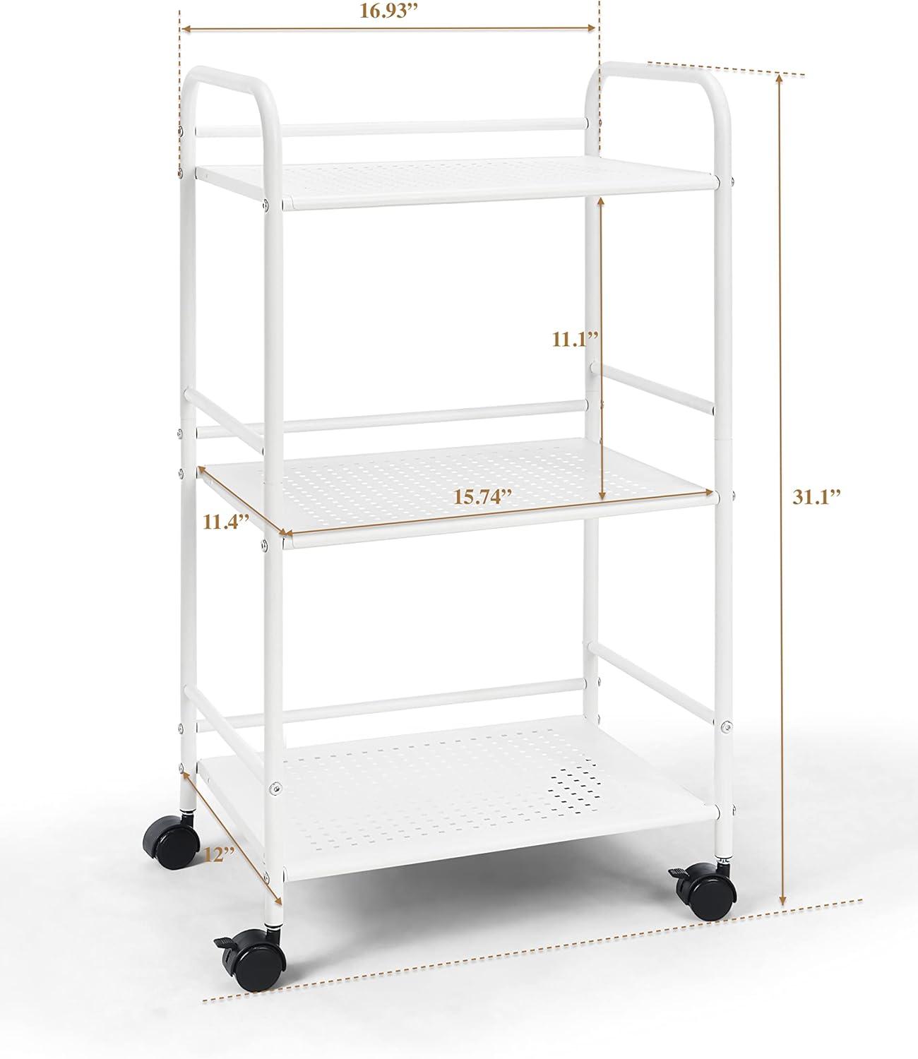 SunnyPoint Minimalist Style 3 Tier Utility Rolling Shelf Cart (WHT)