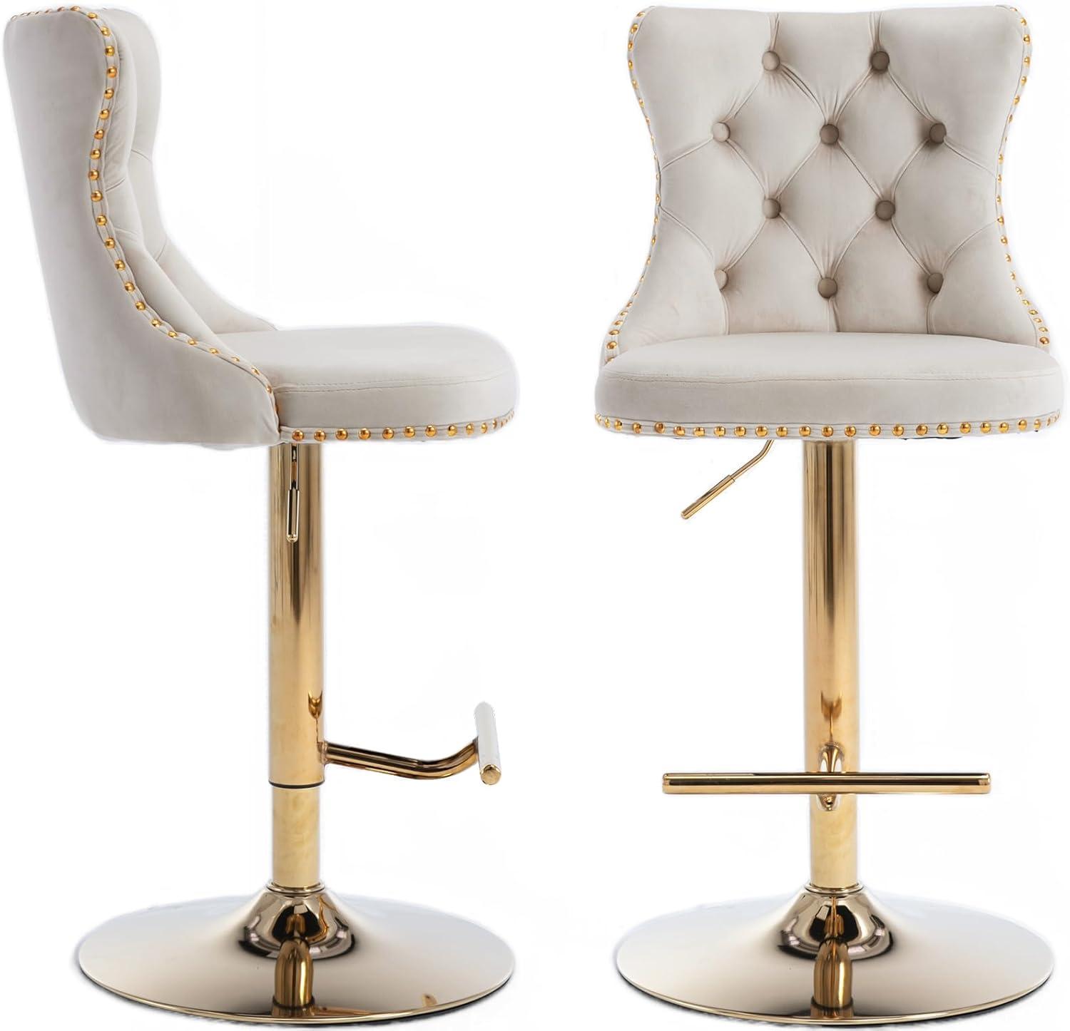 Sesslife Swivel Counter Height Bar Stools Set of 2, Upholstered Velvet Fabric High Bar Chairs with Golden Nail Trim, Adjustable Seat Height, Barstools with Back and Footrest for Kitchen Island, Blue