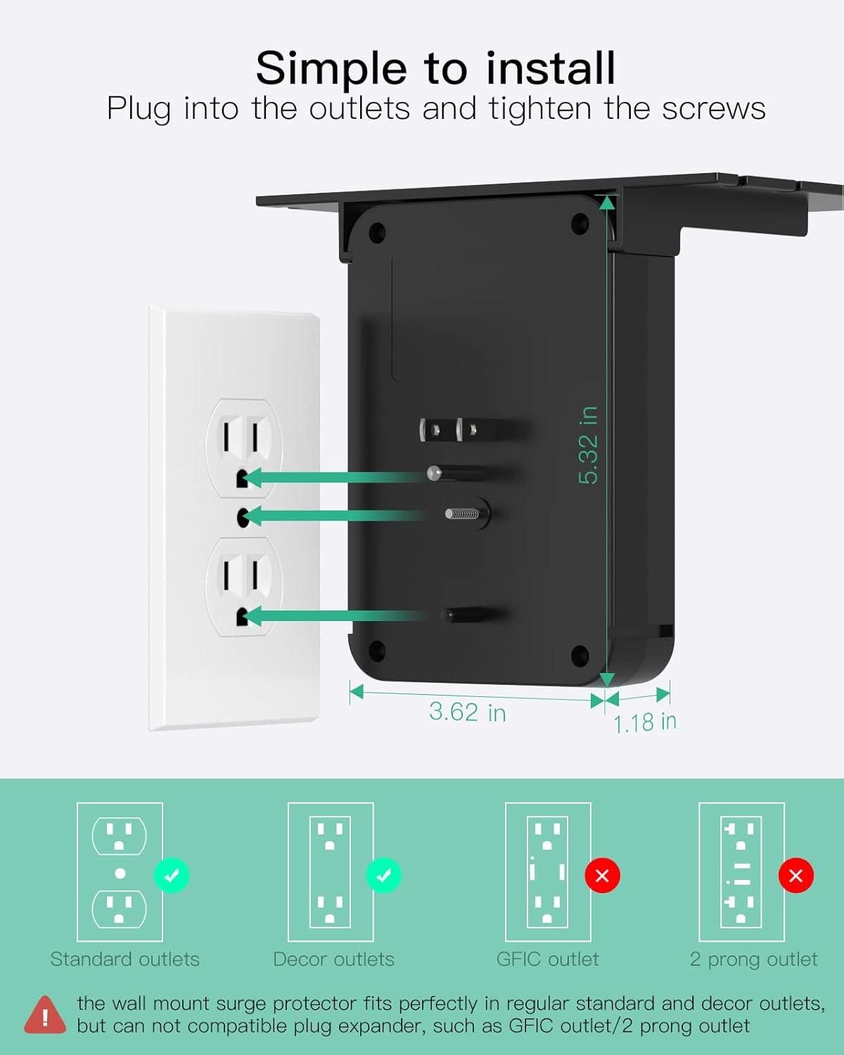 Wall Outlet Extender with Surge Protector, 6 AC Outlets, Shelf, 2 USB & USB C Charging Ports - Home & Dorm Plug