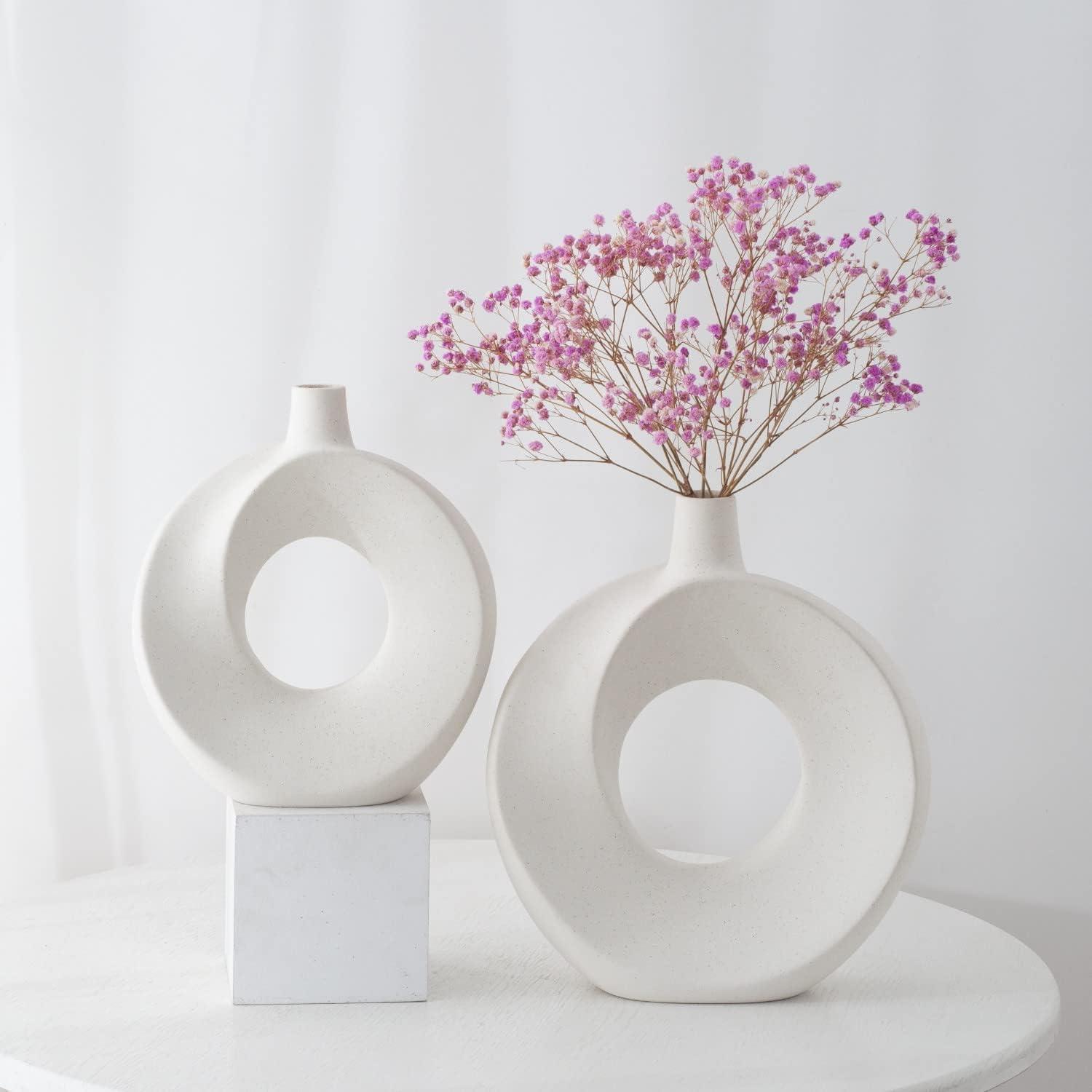 White Round Ceramic Vase Set for Table Decor, 2 Pieces