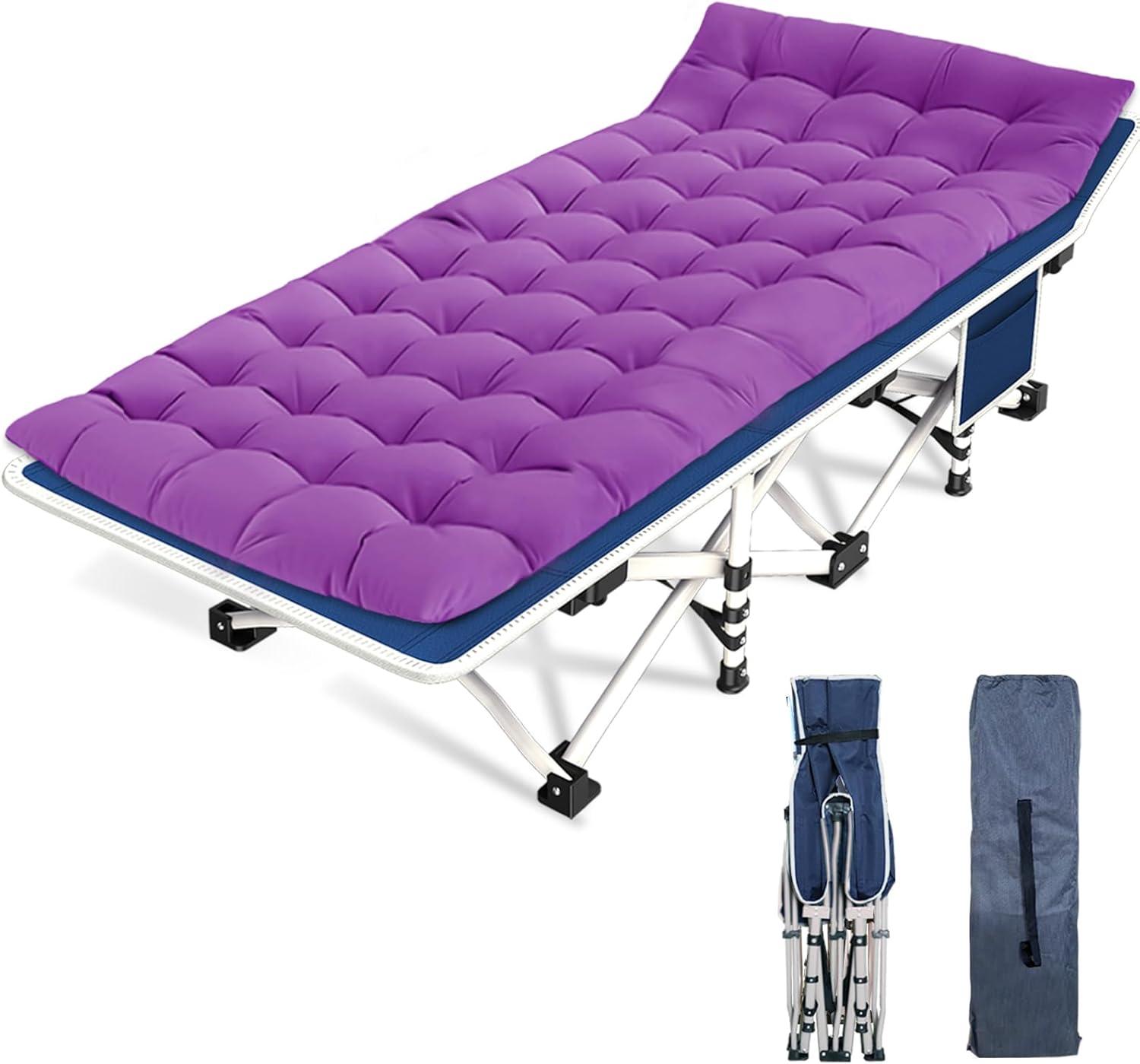 Purple Folding Camping Cot with Comfortable Mattress