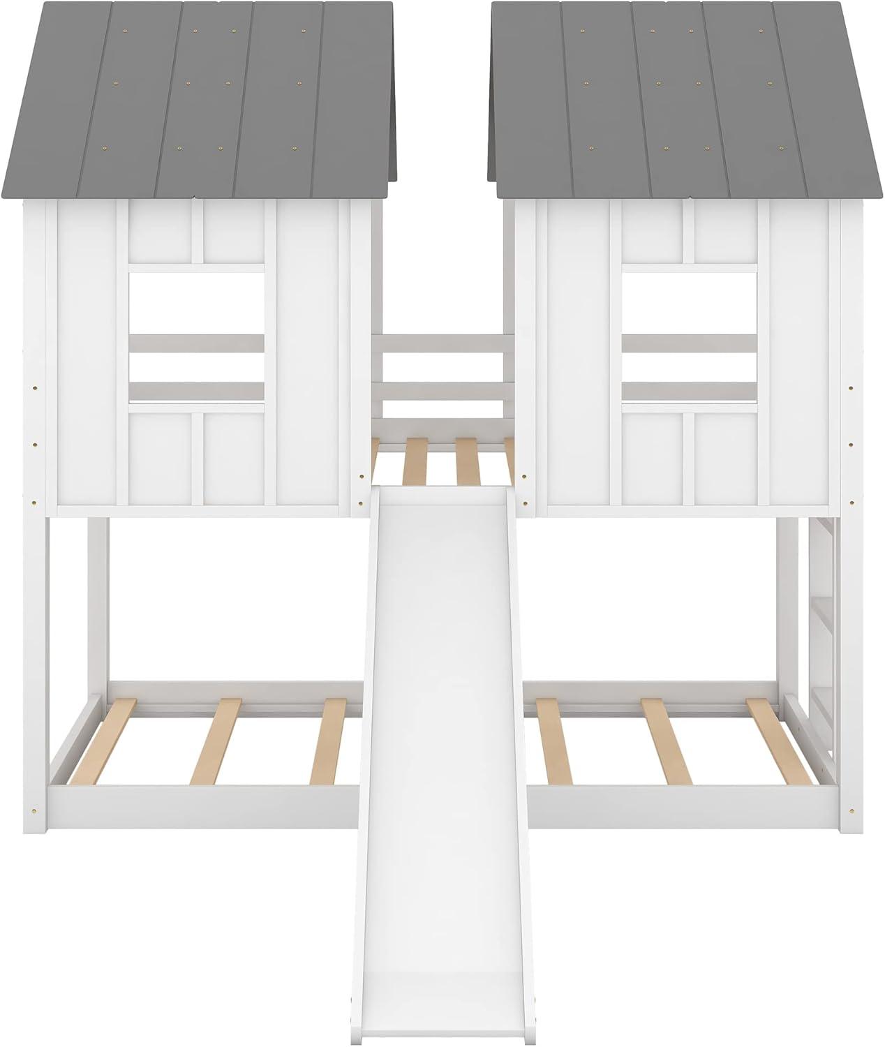 MERITLINE House Bunk Bed with Slide Twin Over Twin, Kids House Bunk Beds with Roof and Windows, Playhouse Bed for Kids, Girls, Boys, No Spring Box Needed, White