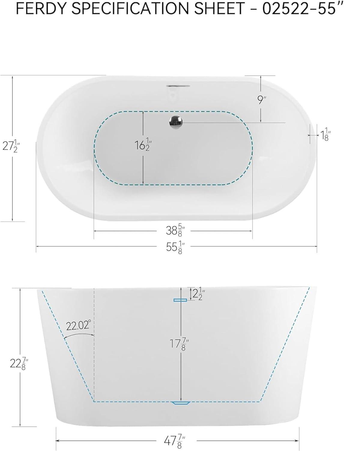 FerdY Shangri La 55” Acrylic Freestanding Bathtub w/Polished Chrome Drain