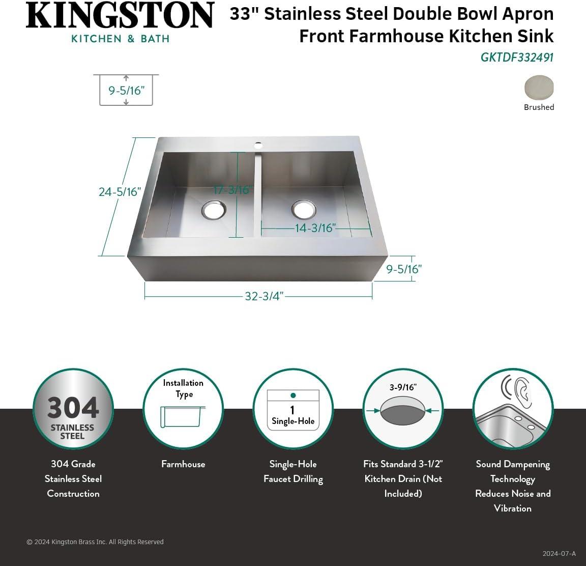 Kingston Brass Edinburg 33-Inch Stainless Steel Apron-Front Double Bowl Farmhouse Kitchen Sink