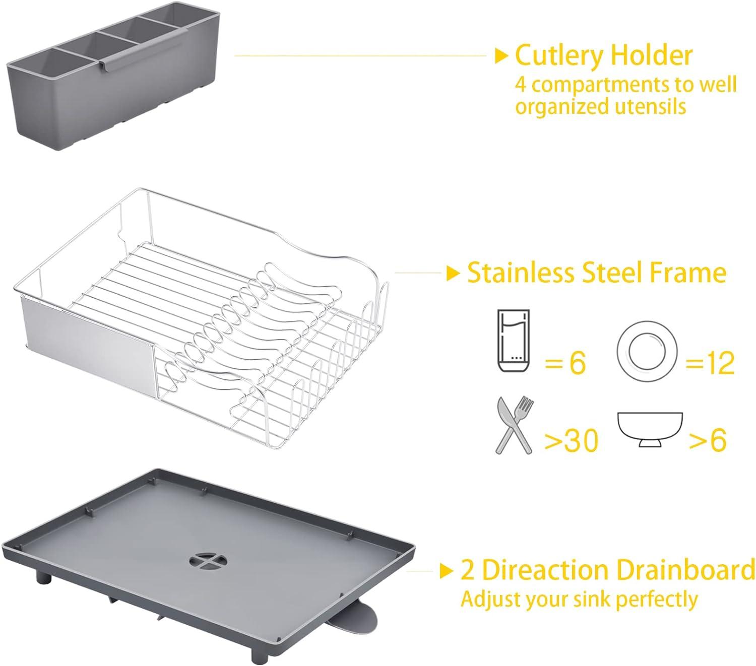 Dish Rack, 304 Stainless Steel Dish Drying Rack for Kitchen Counter, Dish Drainer with Cutlery Holder for Large Capacity, Grey