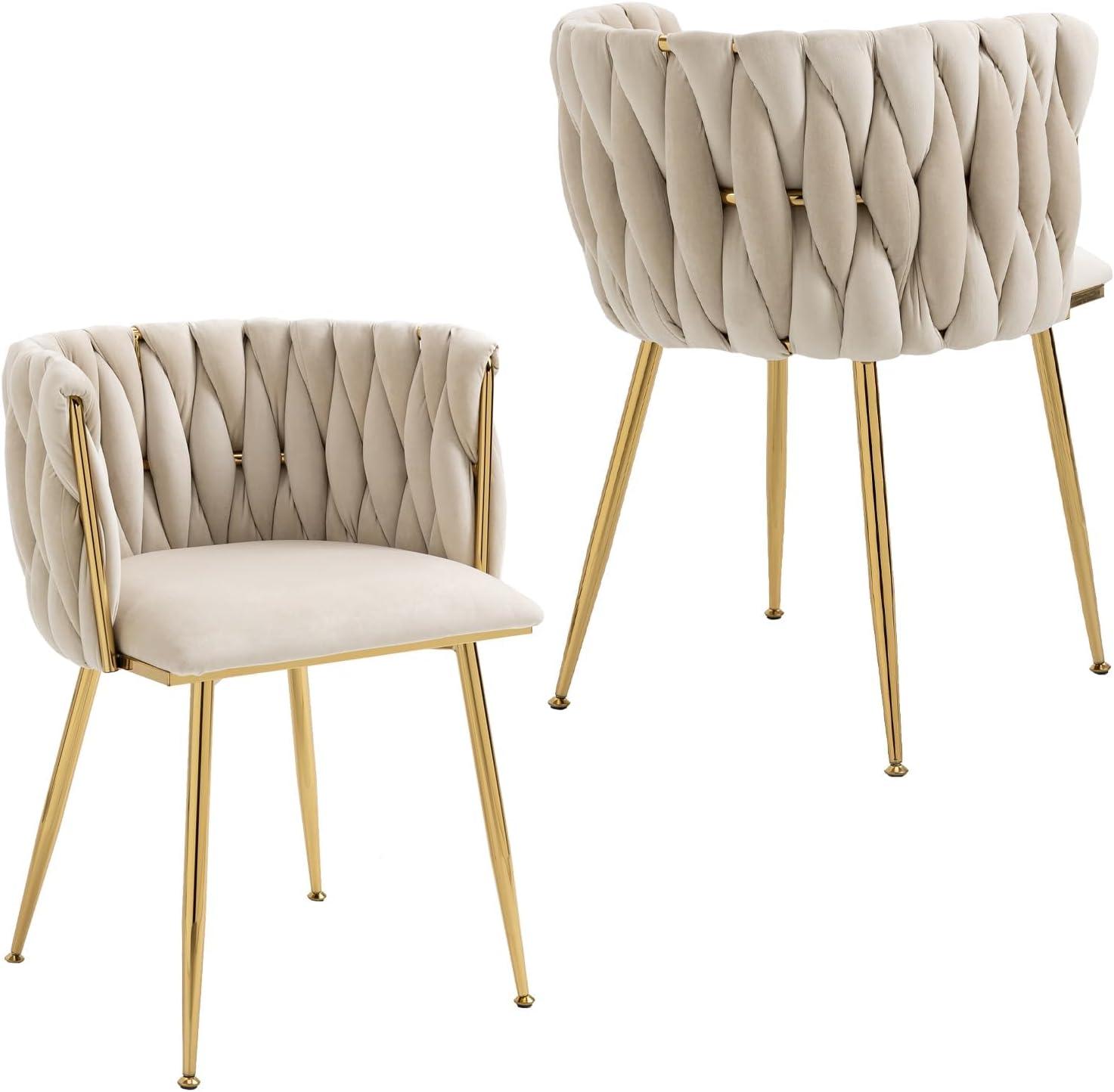Velvet Dining Chairs Set of 2, Upholstered Dining Room Chairs with Arm & Gold Legs, Modern Accent Chairs Dining Chair for Kitchen, Vanity, Living Room (Beige)