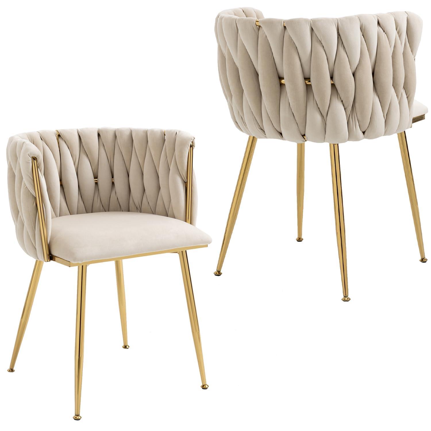 Velvet Dining Chairs Set of 2, Upholstered Dining Room Chairs with Arm & Gold Legs, Modern Accent Chairs Dining Chair for Kitchen, Vanity, Living Room (Beige)