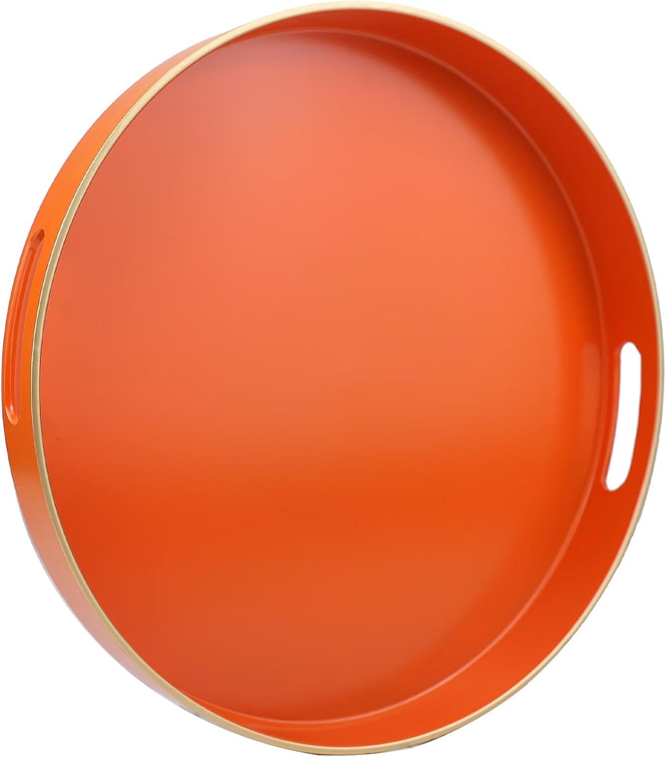 MAONAME 13" Round Tray, Orange Serving Tray with Handles, Modern Decorative Trays for Coffee Table, Plastic Ottoman Trays for Ottoman, Bathroom, Halloween Decor