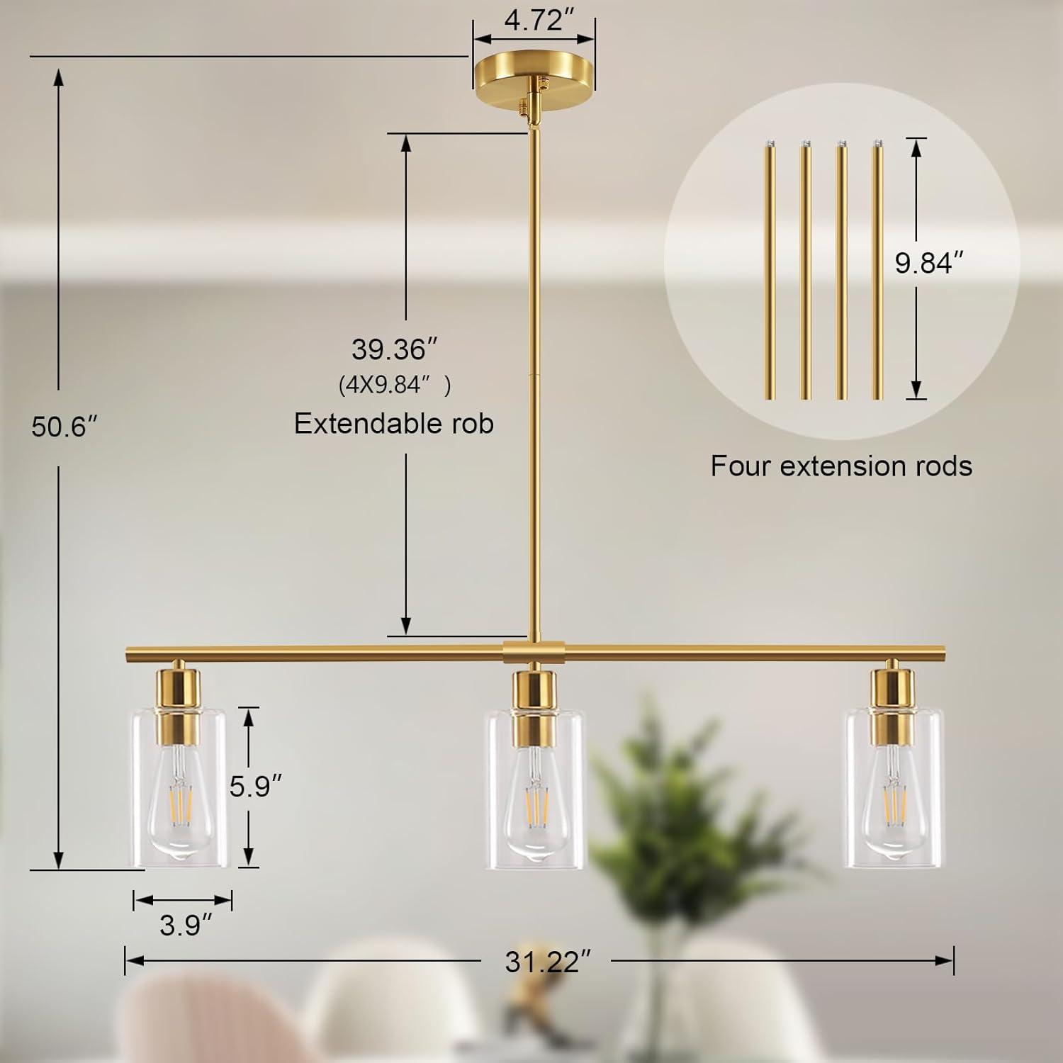 Gold Linear 3-Light Pendant with Clear Glass Shades