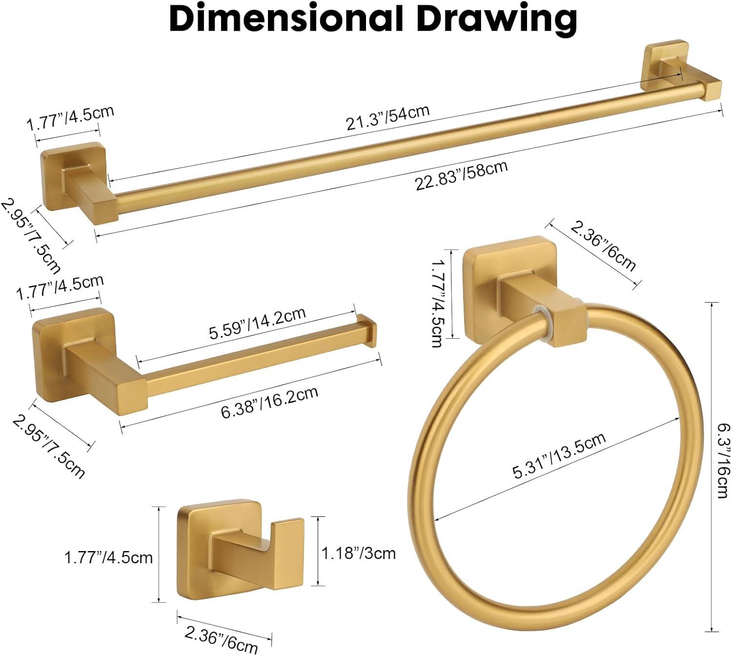 5 Pieces Brushed Gold Bathroom Hardware Accessories Set,Stainless Steel 23.6" Hand Towel Bar Set Gold, Toilet Paper Holder, Towel Holder Set,Towel Rack Set for Bathroom