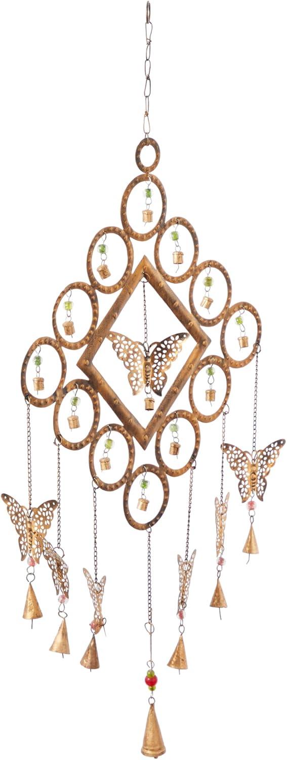 DecMode 36" Brass Metal Butterfly Windchime with Beads and Cone Bells