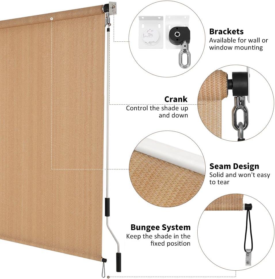 SMONTER Outdoor Sunshade Roller Shade 6'W x 6'H (72" Wx72 H), Exterior Cordless Roll Up Shades Blinds, UV Protection Shade Cloth with Crank Operation for Outside Windows Patio Porch Gazebo, Walnut