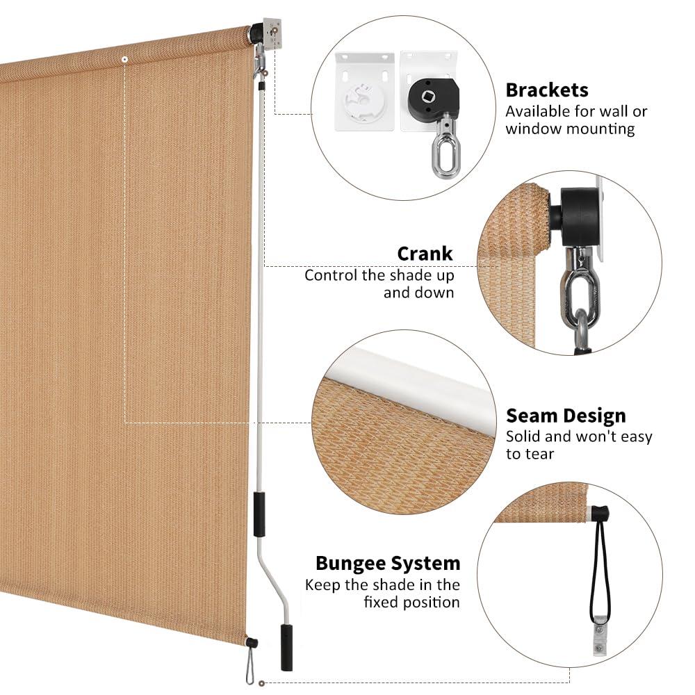 SMONTER Outdoor Sunshade Roller Shade 6'W x 6'H (72" Wx72 H), Exterior Cordless Roll Up Shades Blinds, UV Protection Shade Cloth with Crank Operation for Outside Windows Patio Porch Gazebo, Walnut