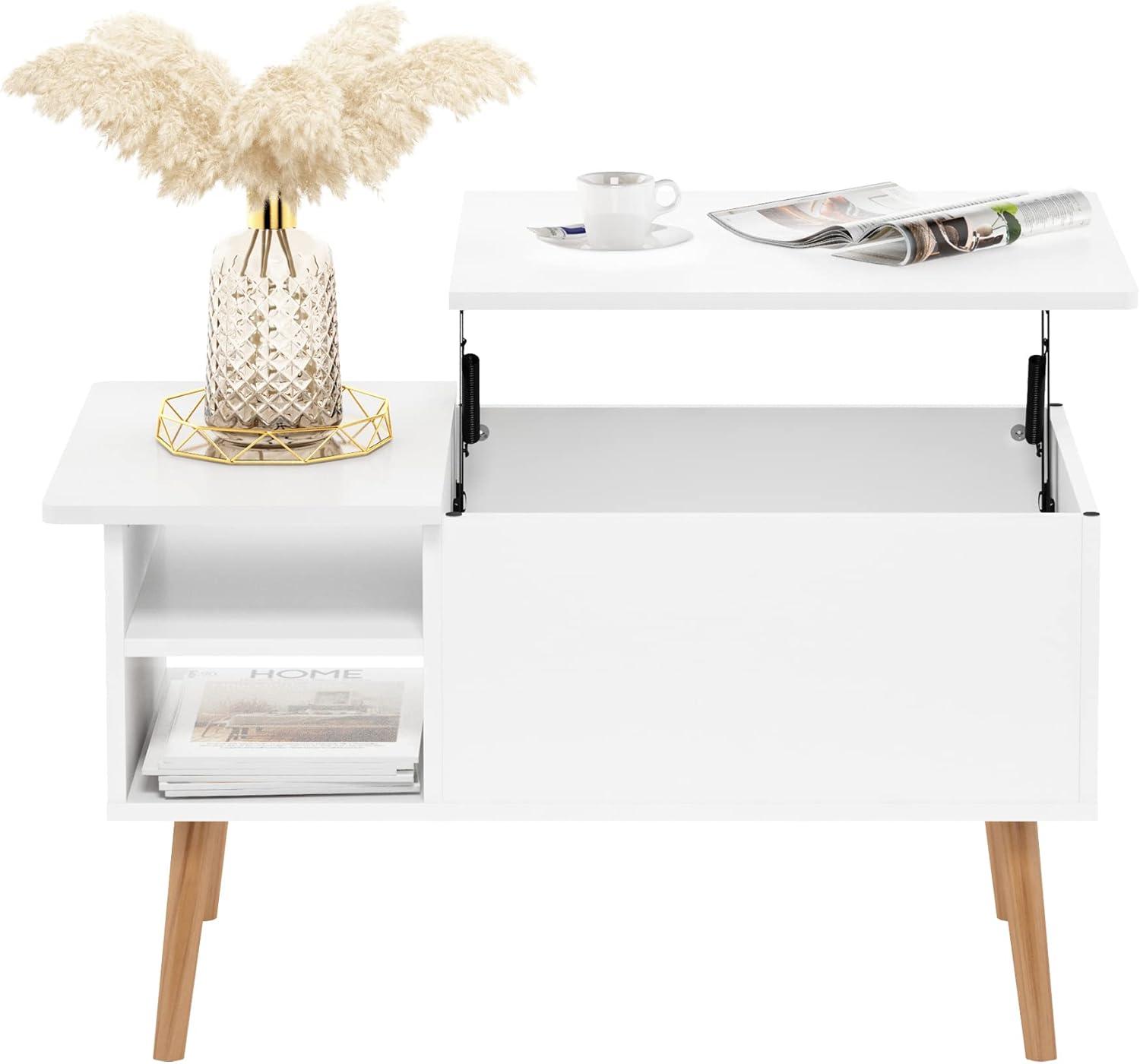 Furinno Jensen Wooden Leg Lift Top Coffee Table With Hidden Compartment and Side Open Storage Shelf for Living Room, Solid White