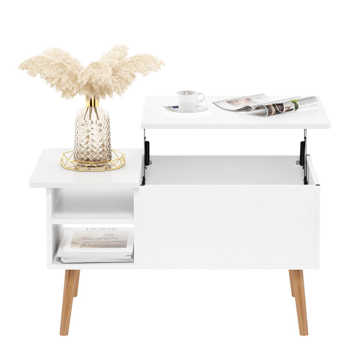 Furinno Jensen Wooden Leg Lift Top Coffee Table With Hidden Compartment and Side Open Storage Shelf for Living Room, Solid White