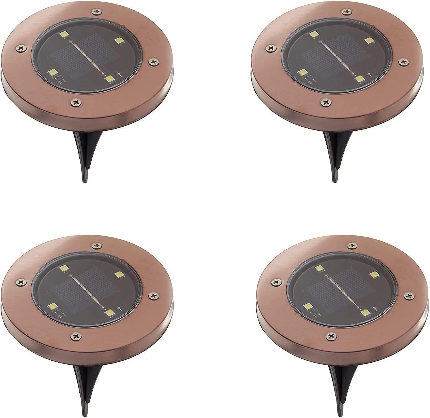 Bell + Howell Disk Lights Bronze – Heavy Duty Outdoor Solar Pathway Lights – 4 LED, Auto On/Off, Water Resistant, with Included Stakes, for Garden, Yard, Patio and Lawn, 4 Pack