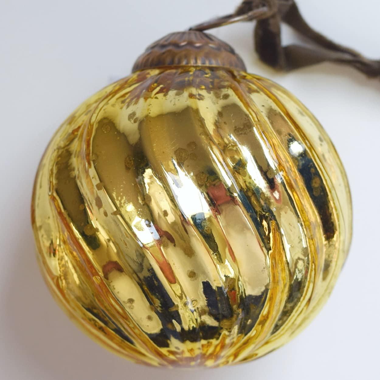 Set of 4 Gold Mercury Glass Ornaments (3.15" Classic Twist Ball) Perfect for Christmas Tree, Hanging Holiday Decoration, Gifts & Home Decor
