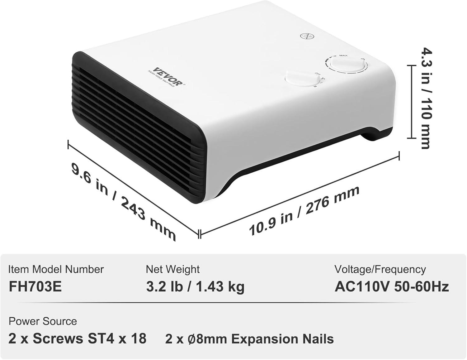 White 1500W Electric Wall Heater with Thermostat and Safety Features