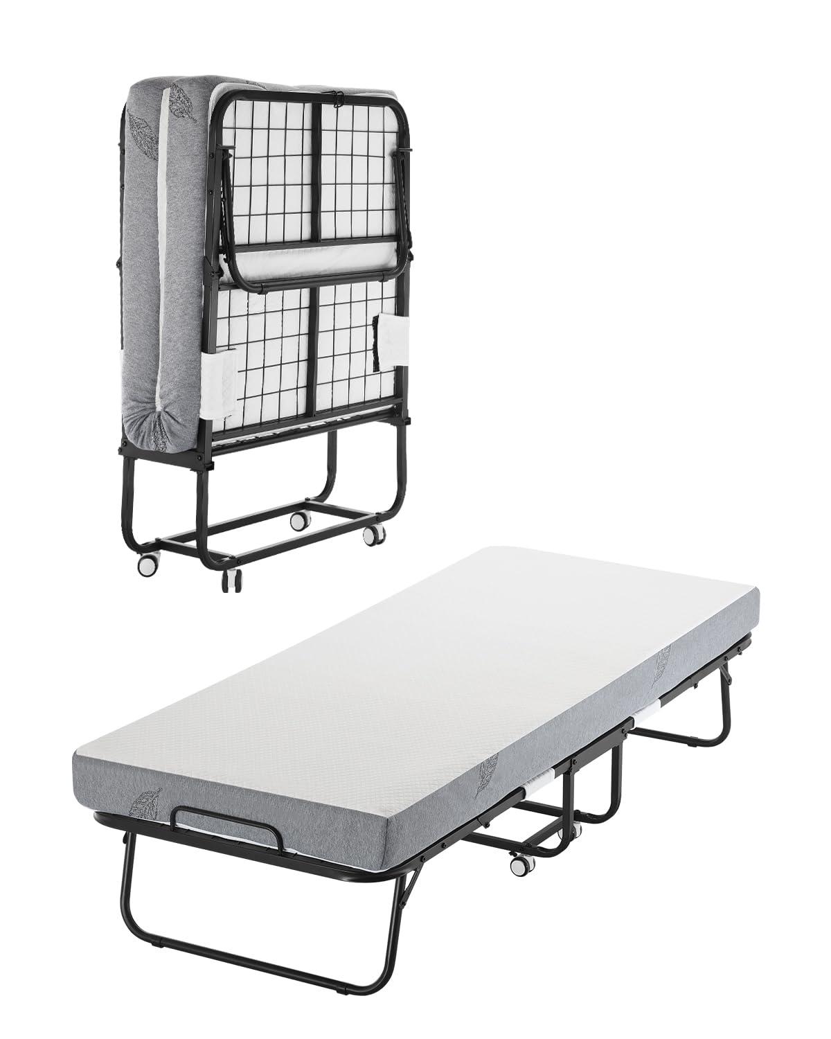 Rollaway Bed, Black Metal Frame, Outdoor Rocking Chair with White Cushion, 31 x 75 in. Folding Bed with 5 in. Mattress