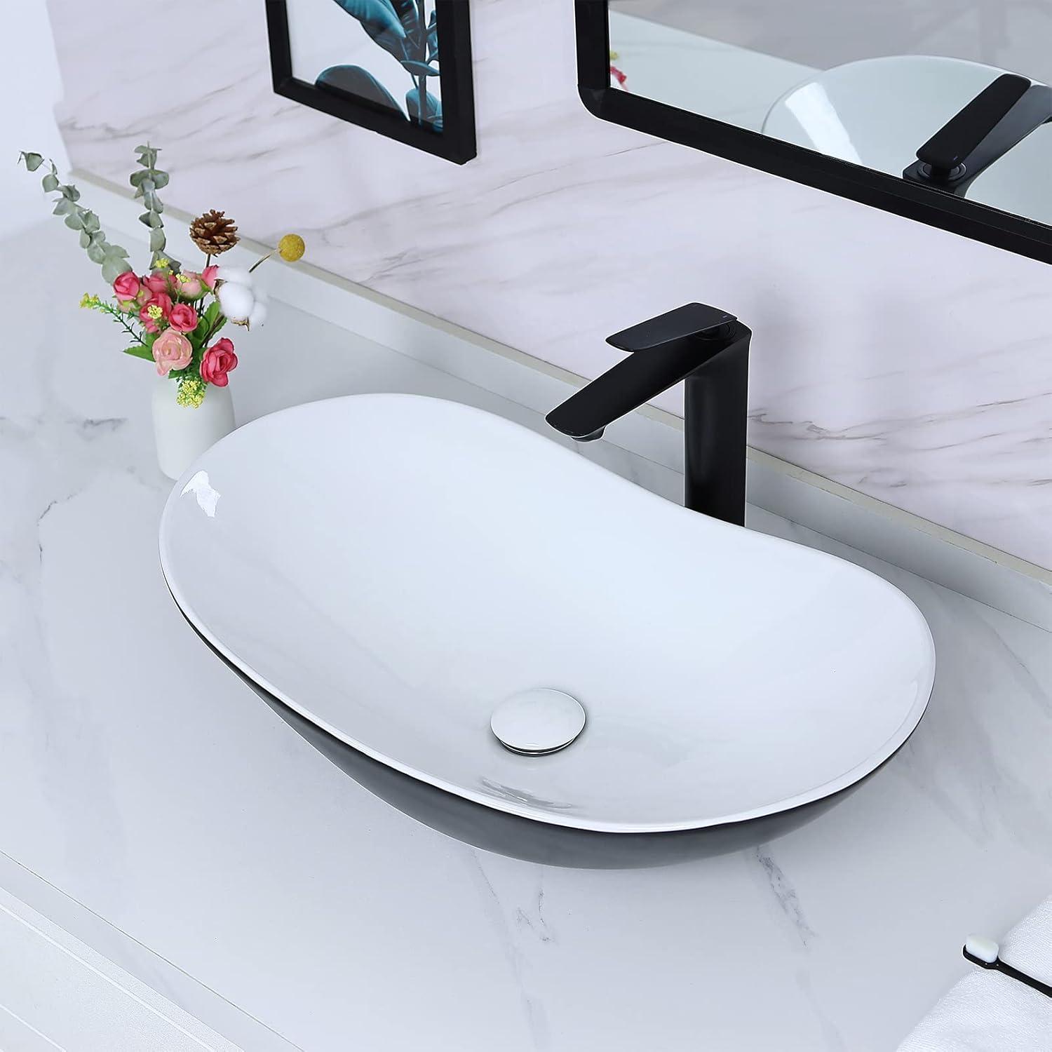 Matte Black Oval Ceramic Vessel Sink with Pop-Up Drain