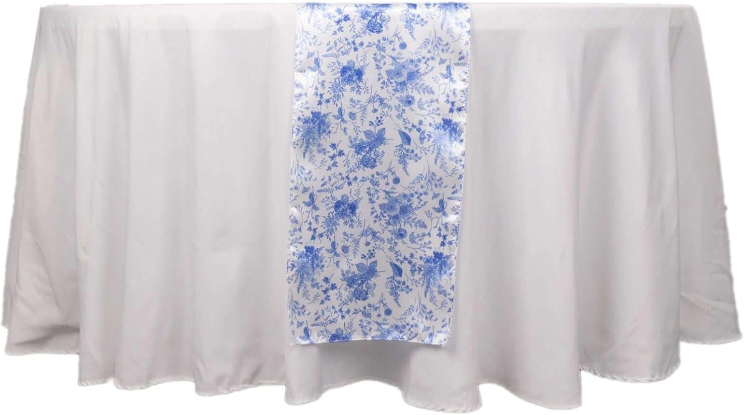 Efavormart 12"x108" White Blue Chinoiserie Floral Print Satin Table Runner