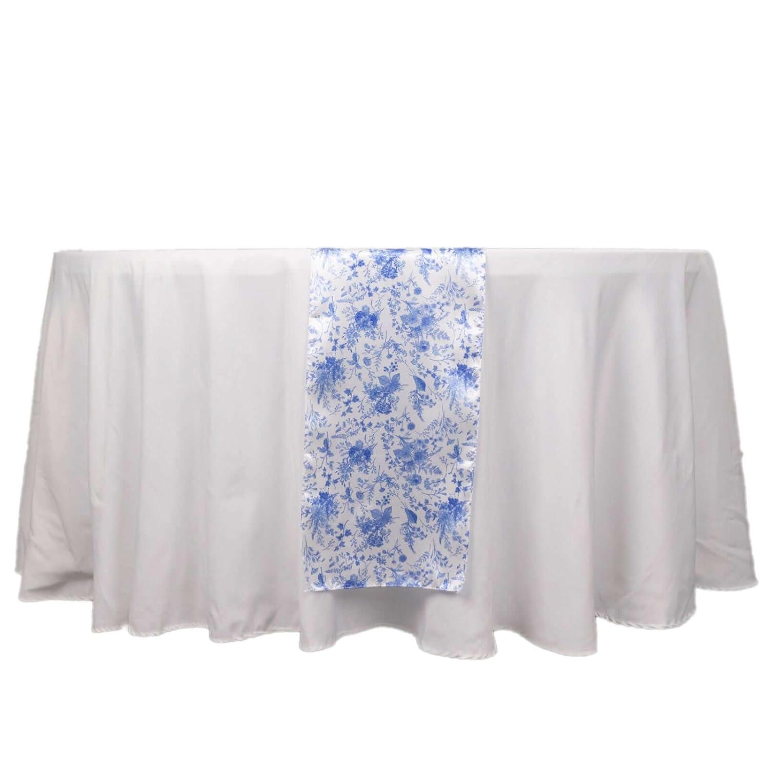 Efavormart 12"x108" White Blue Chinoiserie Floral Print Satin Table Runner