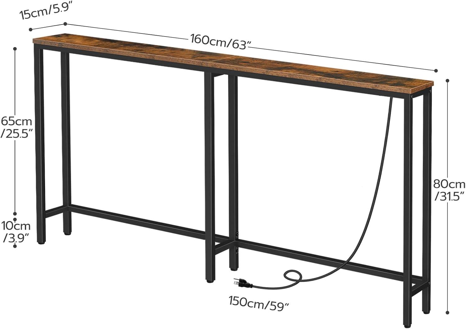 Console Table with Outlet, 63 Inch Sofa Table with Charging Station, Narrow Entryway Table, Skinny Hallway Table, Behind Couch Table, for Living Room, Plants - Rustic Brown