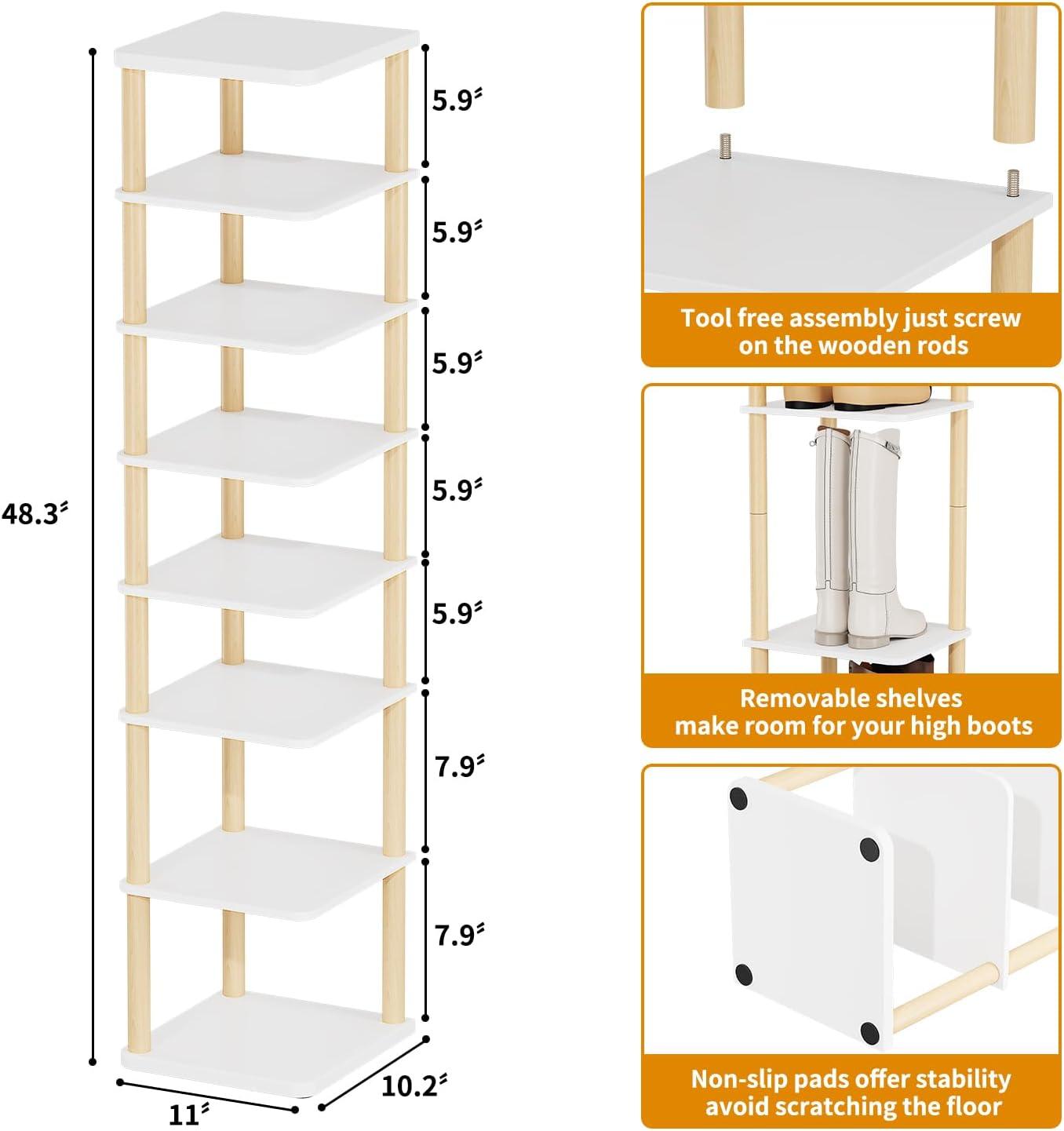 LUCKNOCK Vertical Shoe Rack, 8-Tier Tall Narrow Shoe Organizer for Entryway, Closet, Dorm & Small Spaces, Freestanding White Wooden Shoe Shelf Tower for Boots, Sneakers, Heels.