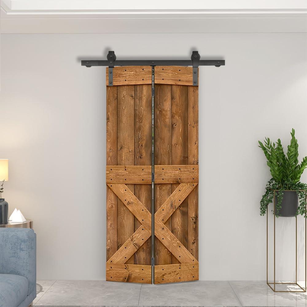 34 in. x 84 in. Mini X Series Walnut Stained DIY Wood Bi-Fold Barn Door with Sliding Hardware Kit
