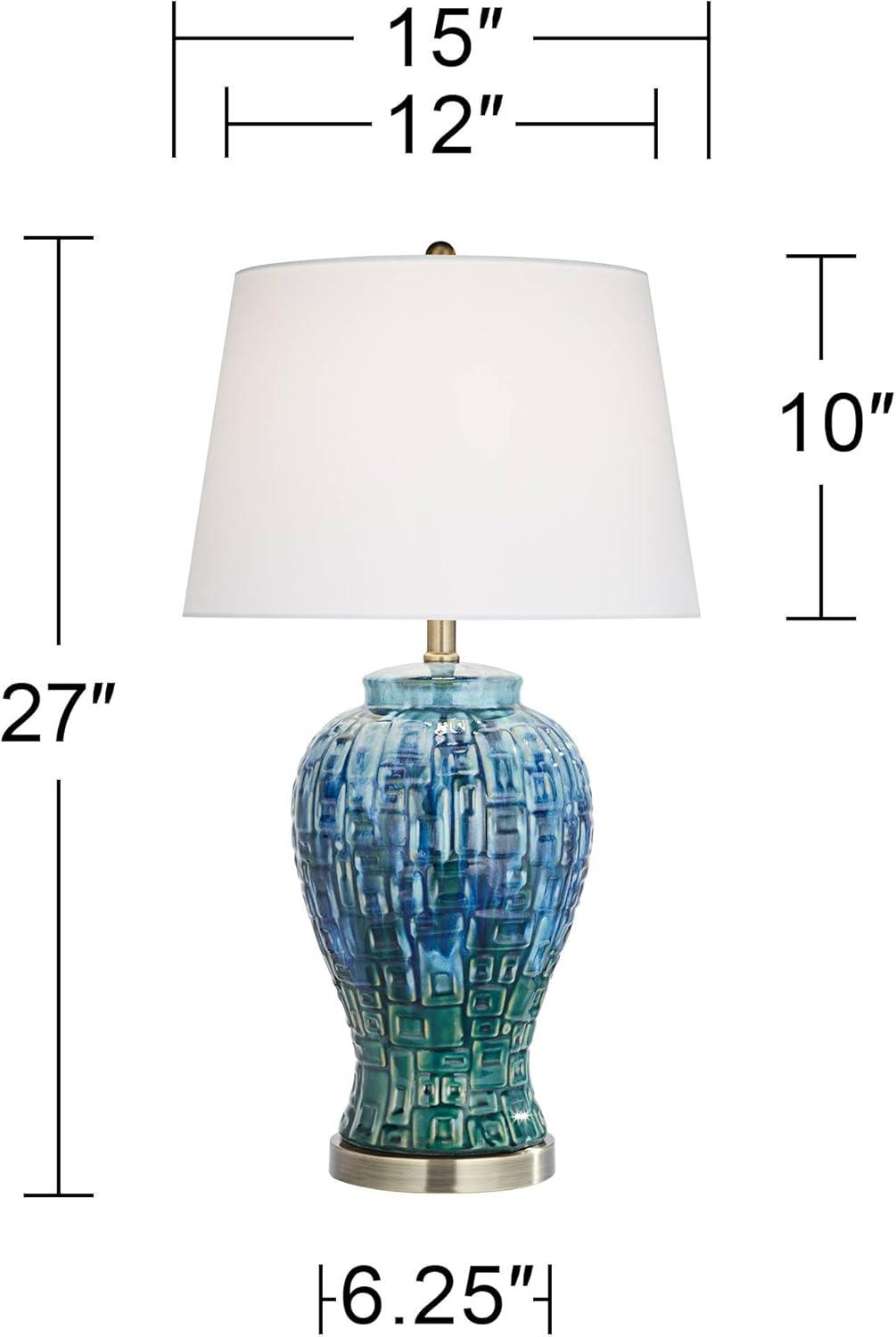 Possini Euro Design Asian Inspired Table Lamp 27" Tall Ceramic Teal Glaze Patterned Temple Jar White Empire Shade for Living Room (Colors May Vary)