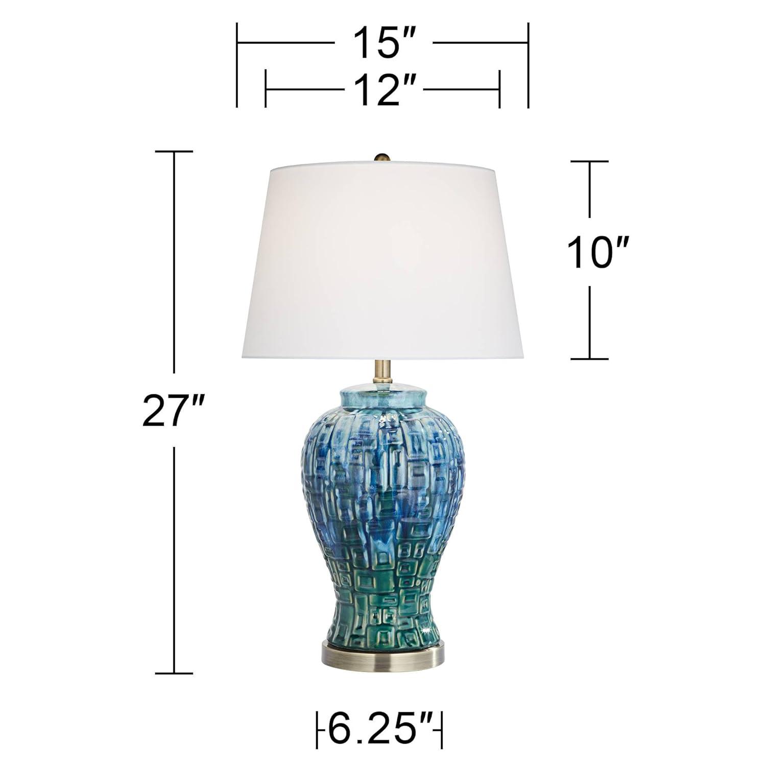 Possini Euro Design Asian Inspired Table Lamp 27" Tall Ceramic Teal Glaze Patterned Temple Jar White Empire Shade for Living Room (Colors May Vary)