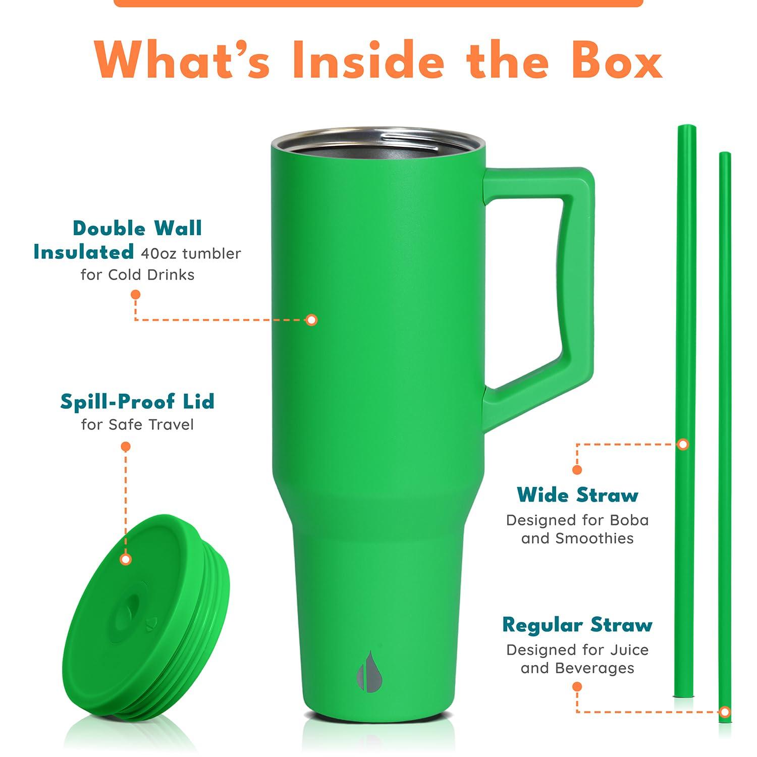 Elemental Commuter 40 oz Tumbler with Handle and Straw Lid | Travel Coffee Mug Spill Resistant | Insulated Cup Stainless Steel Tumblers for Water, Smoothies, Milkshake and More | Green