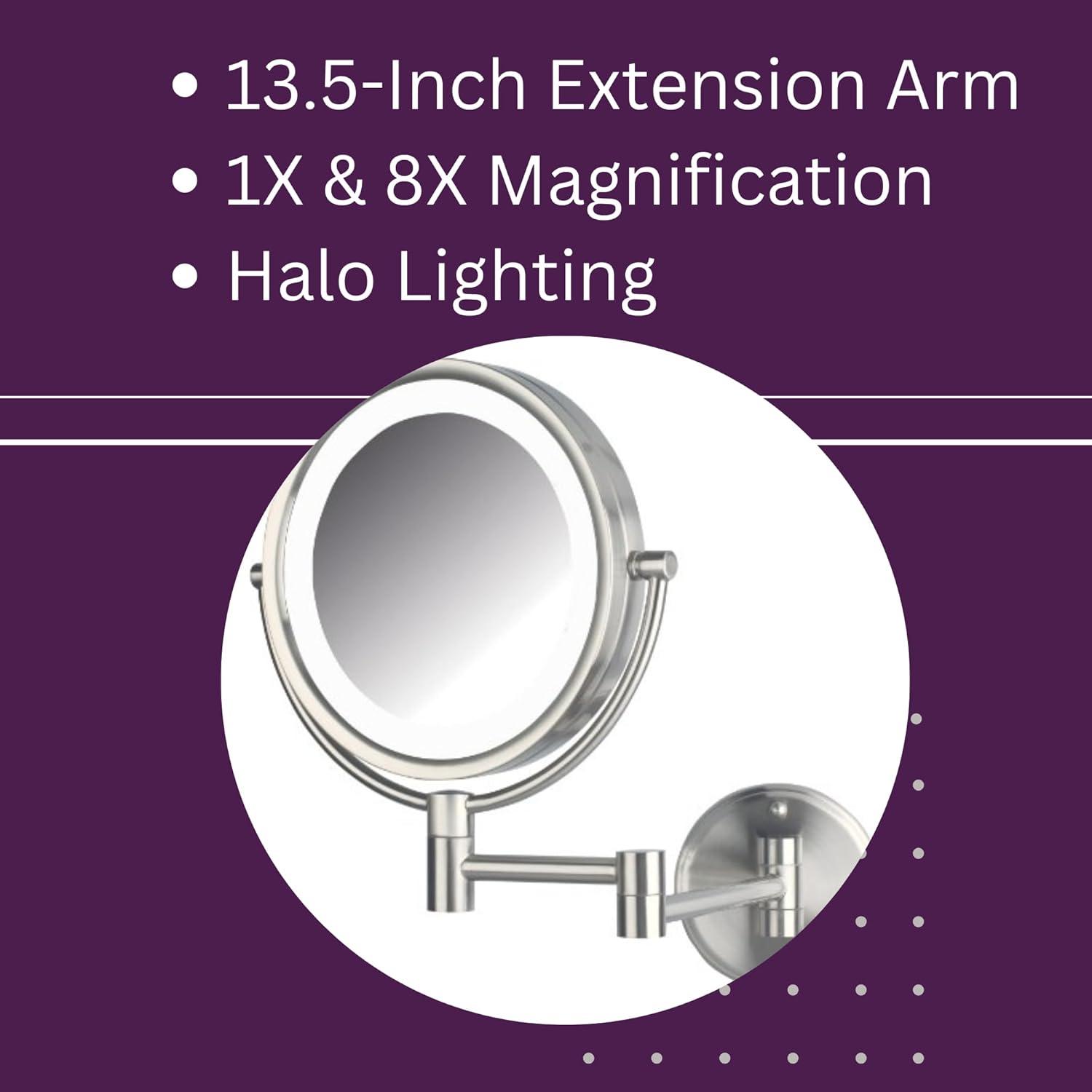 Jerdon Wall-Mounted Makeup Mirror with LED lighting - 8.5" Round Mirror Frame - 8X Magnification - Nickel Finish - Plug in - Model HL88NL
