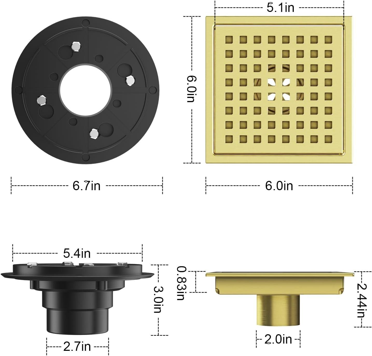 6-Inch Brushed Gold Stainless Steel Square Shower Drain