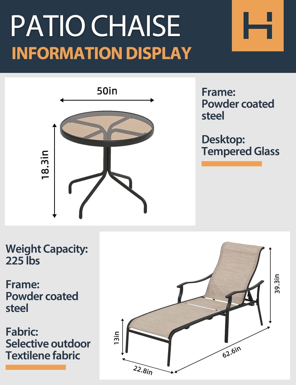 HAPPATIO Patio Chaise Lounge Set 3 Pieces,Patio Lounge Chair with Glass Coffee Table,Pool Lounge Chair with Breathable Textilene Fabric,Patio Chaise Lounge for Patio Backyard Poolside(Gray)