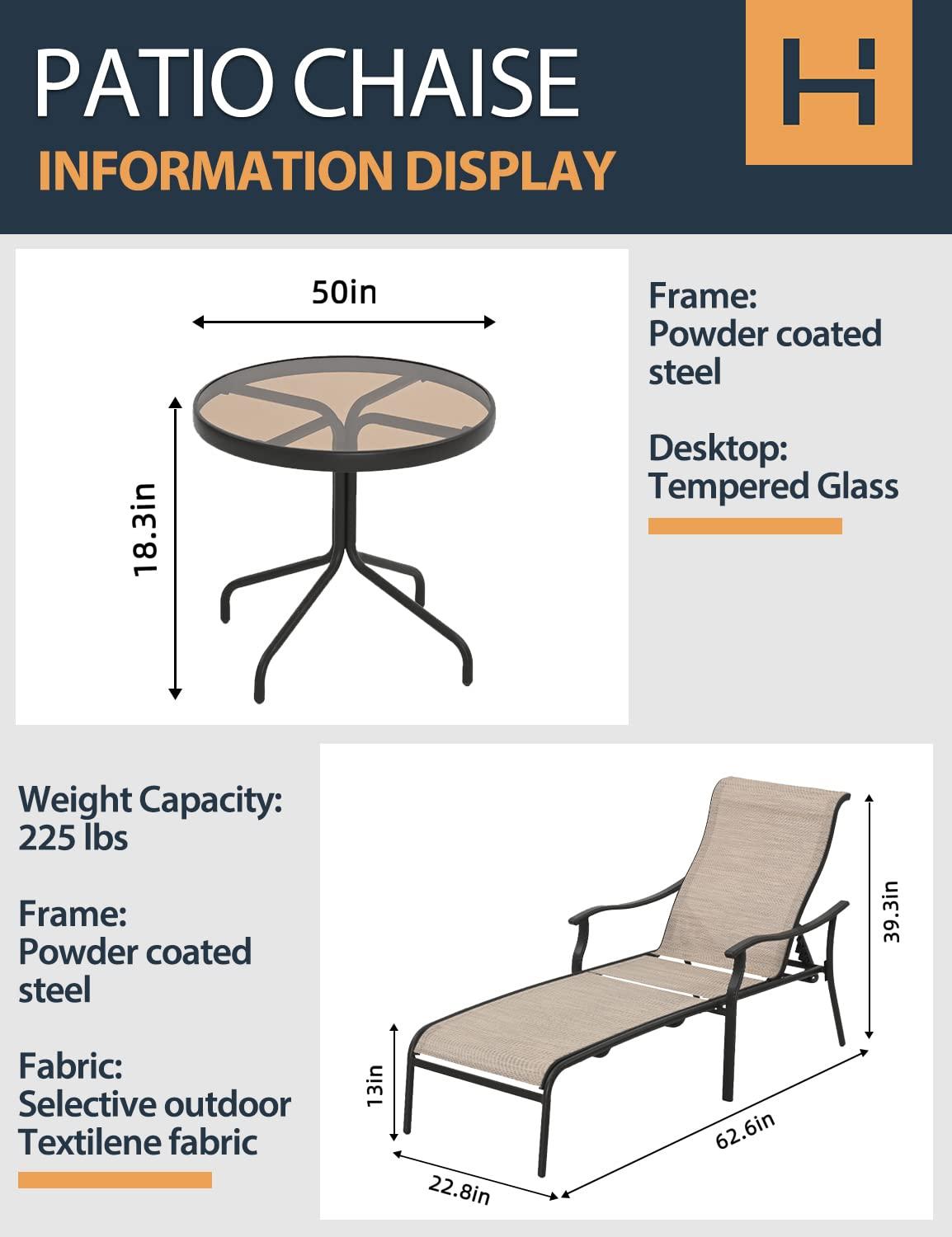 HAPPATIO Patio Chaise Lounge Set 3 Pieces,Patio Lounge Chair with Glass Coffee Table,Pool Lounge Chair with Breathable Textilene Fabric,Patio Chaise Lounge for Patio Backyard Poolside(Gray)