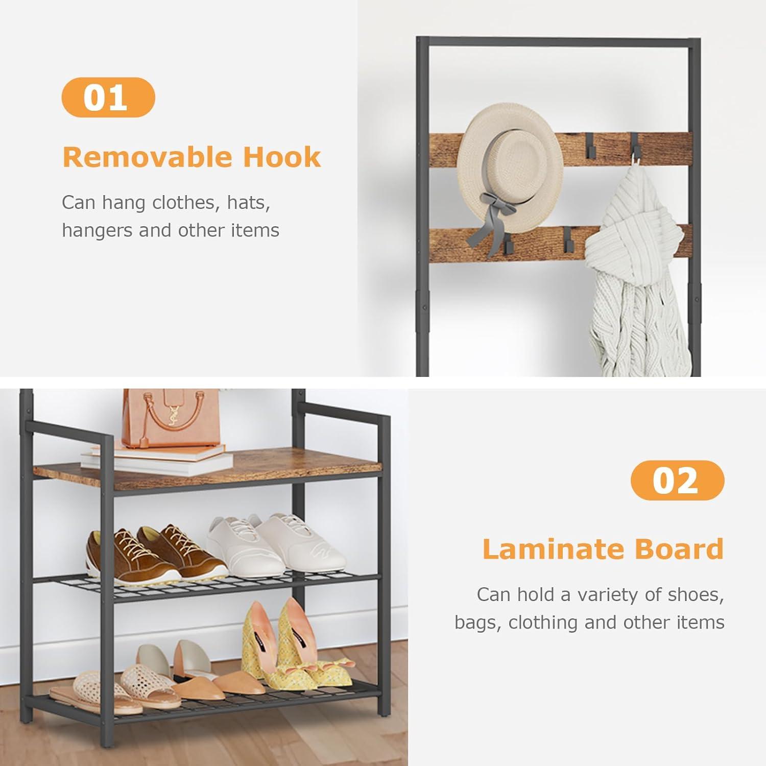 HOMEKOKO Coat Rack Shoe Bench, Hall Tree Entryway Storage Bench, Wood Look Accent Furniture with Metal Frame, 3-in-1 Design