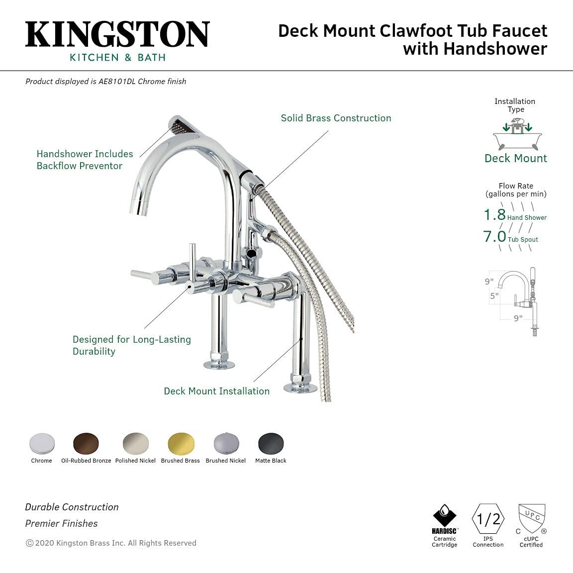 Kingston Brass Concord Three-Handle 2-Hole Deck Mount Clawfoot Tub Faucet with Hand Shower