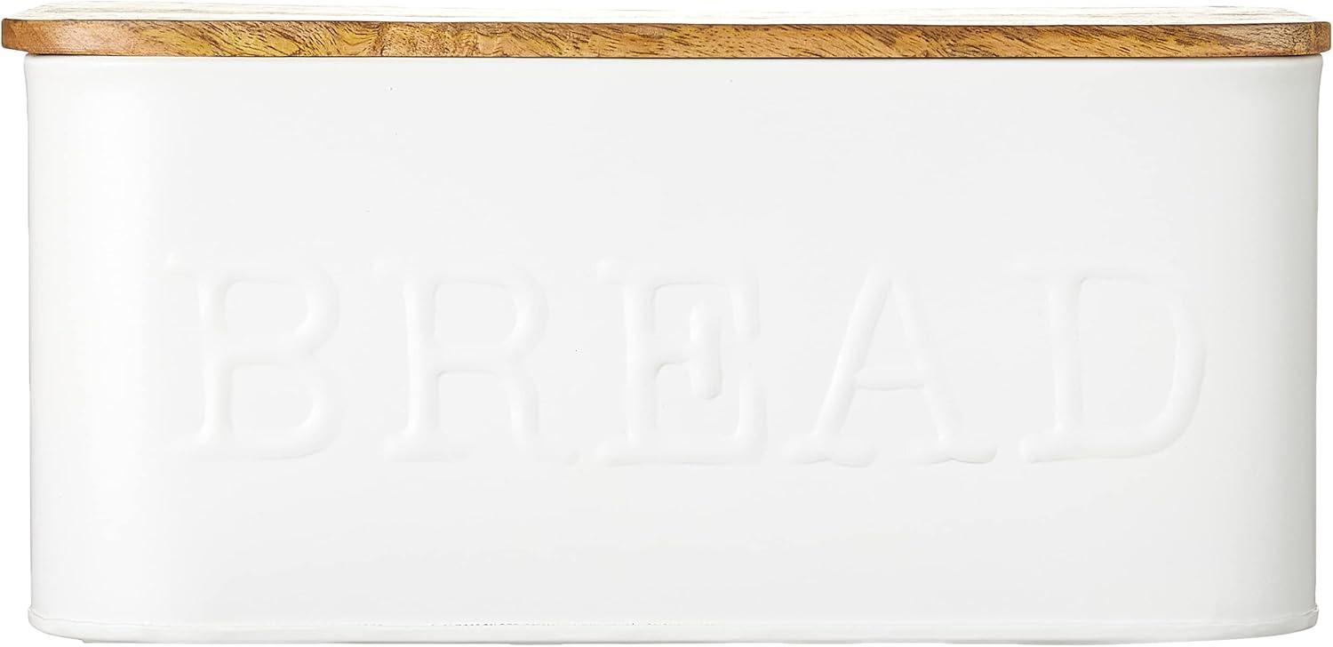 White Enamel Rectangular Bread Box with Mango Wood Lid