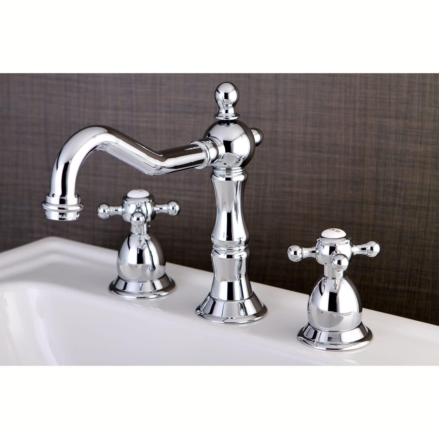 Kingston Brass Heritage Two-Handle 3-Hole Deck Mount Widespread Bathroom Faucet with Brass Pop-Up Drain