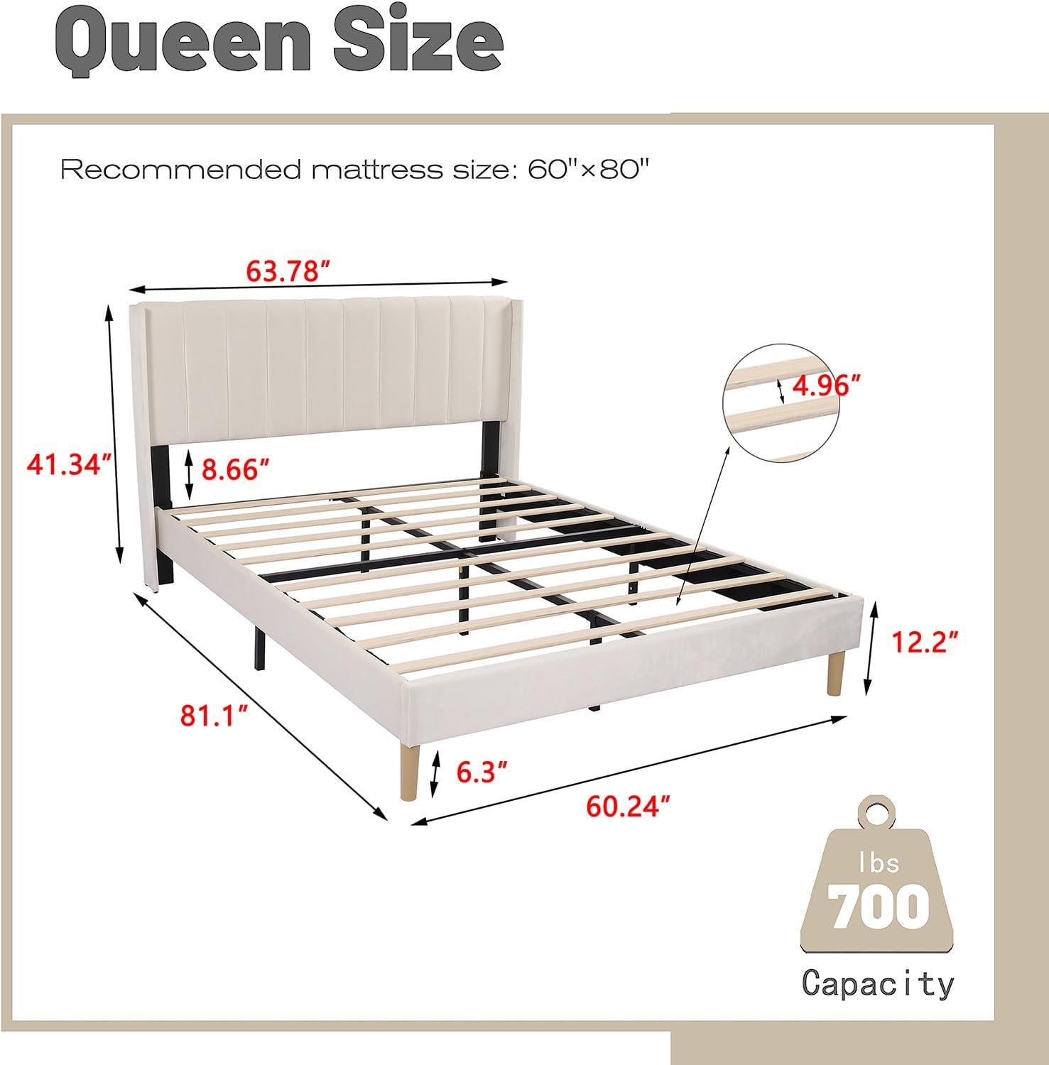 Beige Velvet Queen Upholstered Platform Bed with Tufted Headboard