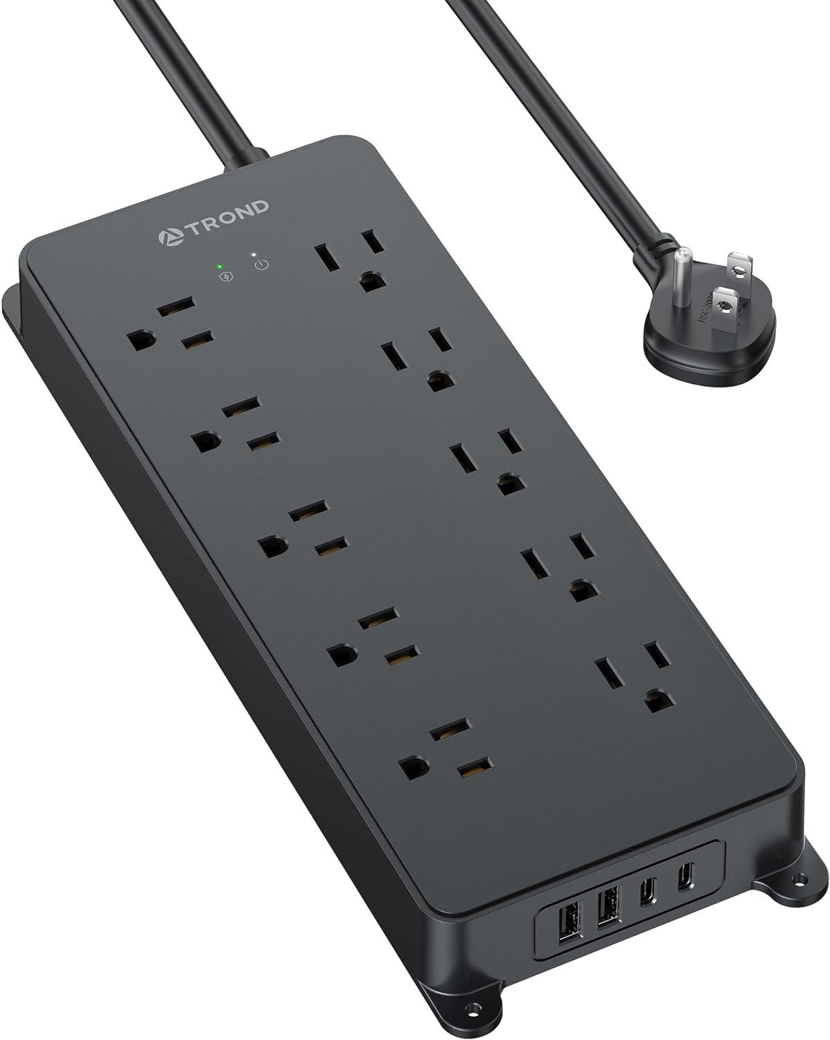 Black 10-Outlet Power Strip with USB Ports and Surge Protection