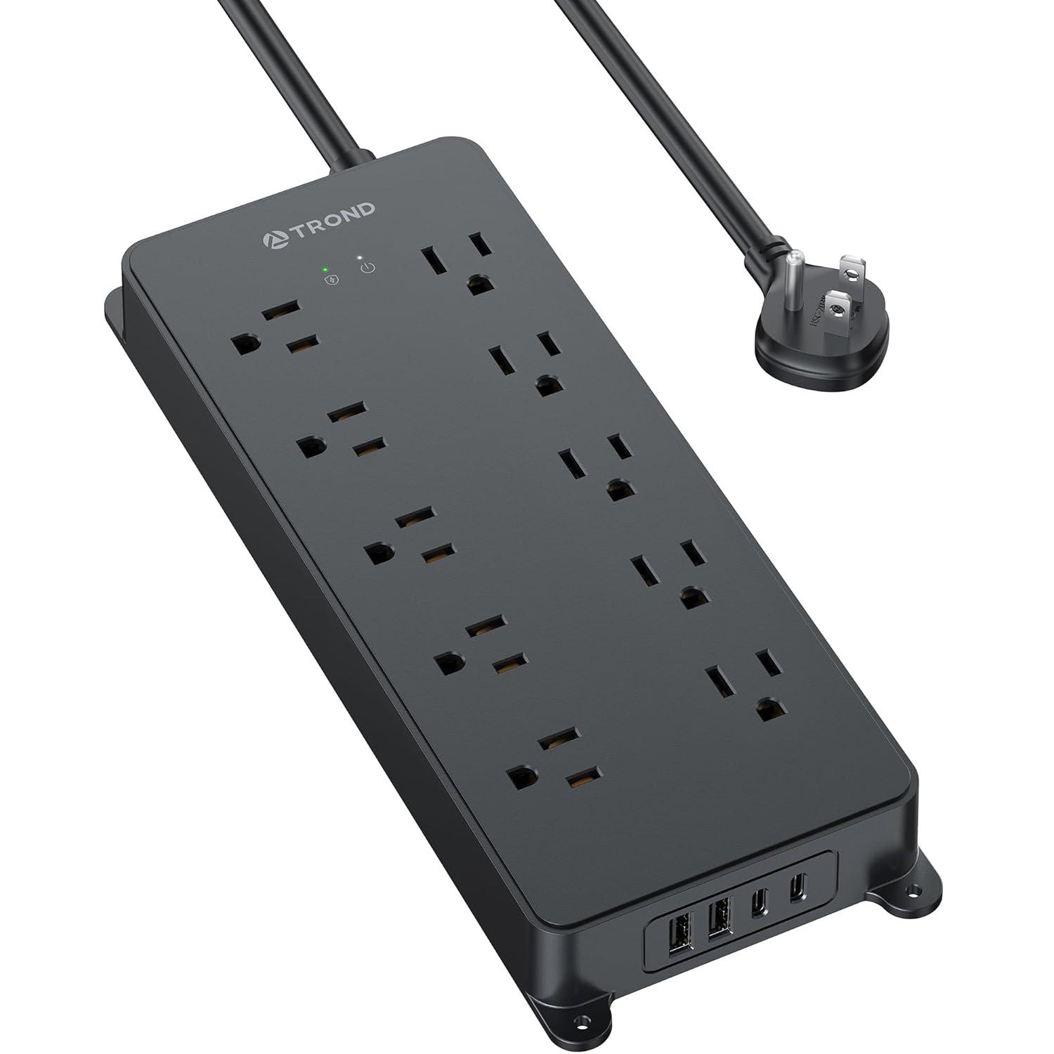 TROND Power Strip Surge Protector, 4000J, ETL Listed, 15A, 10 Widely Spaced Outlets with 4 USB Ports, Flat Plug 5ft Extension Cord, Wall Mountable, 14AWG Heavy Duty, for Home Office Garage, Black