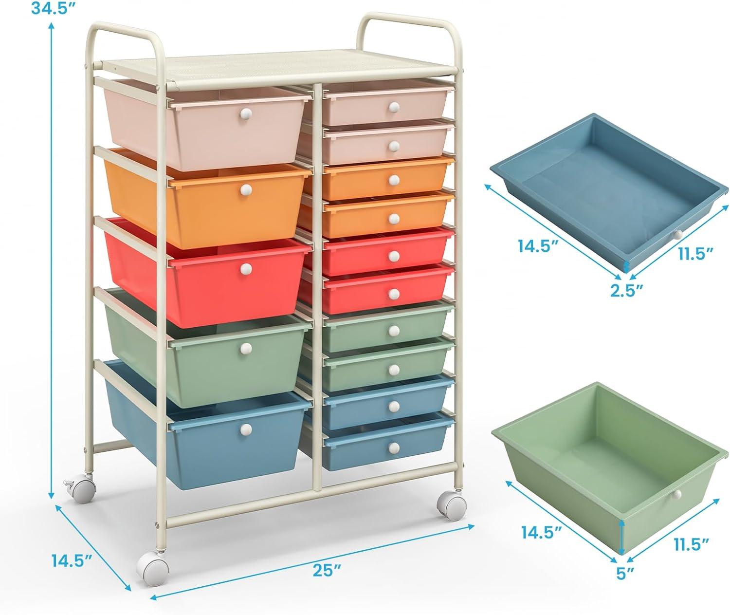 Multicolor 15-Drawer Rolling Storage Cart with Metal Frame