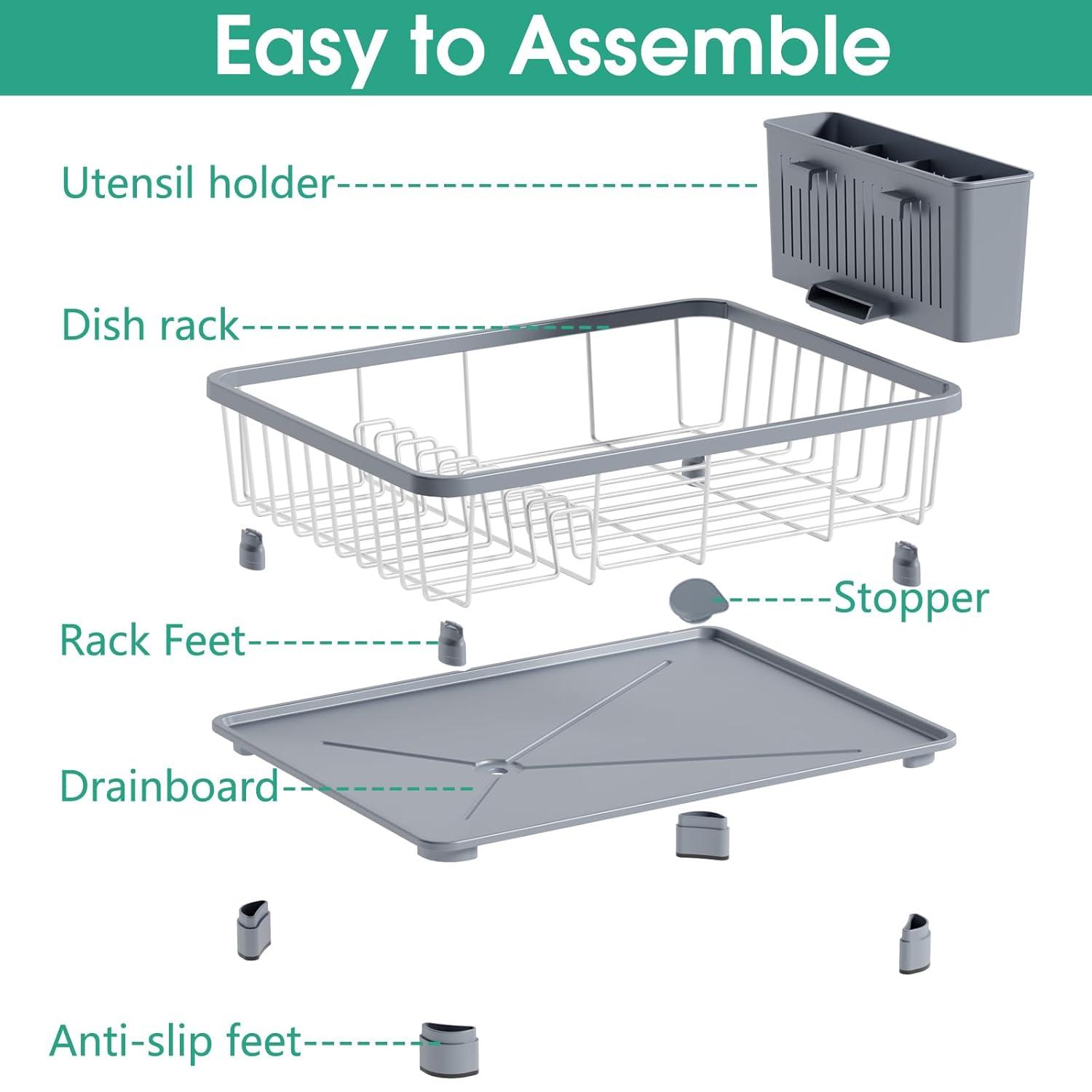 iSPECLE Dish Drying Rack with Drainboard - Dish Racks for Kitchen Counter, Rust-Resistant Compact Dish Drainer with Utensil Holder, Drain Spout and High Feet on Drip Tray, Black