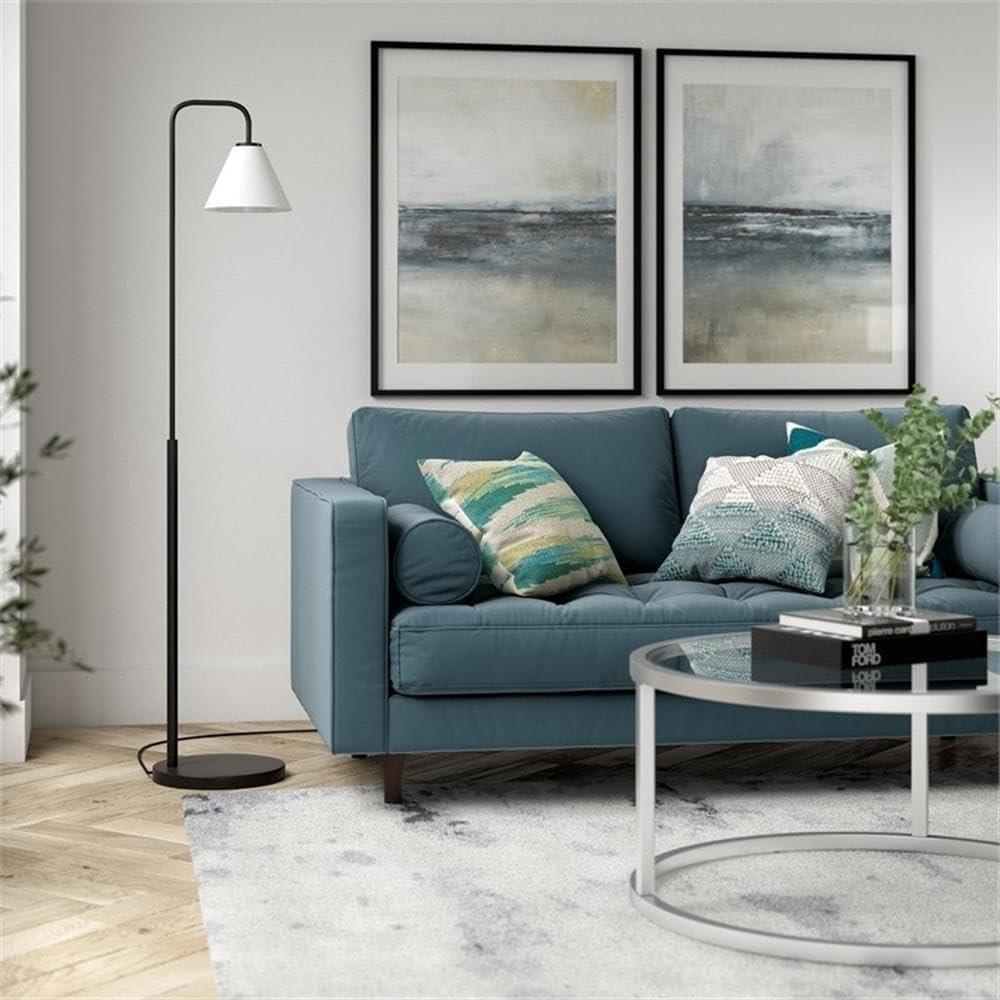 Evelyn&Zoe Henderson Arc Floor Lamp with Glass Shade, Brass/White Milk