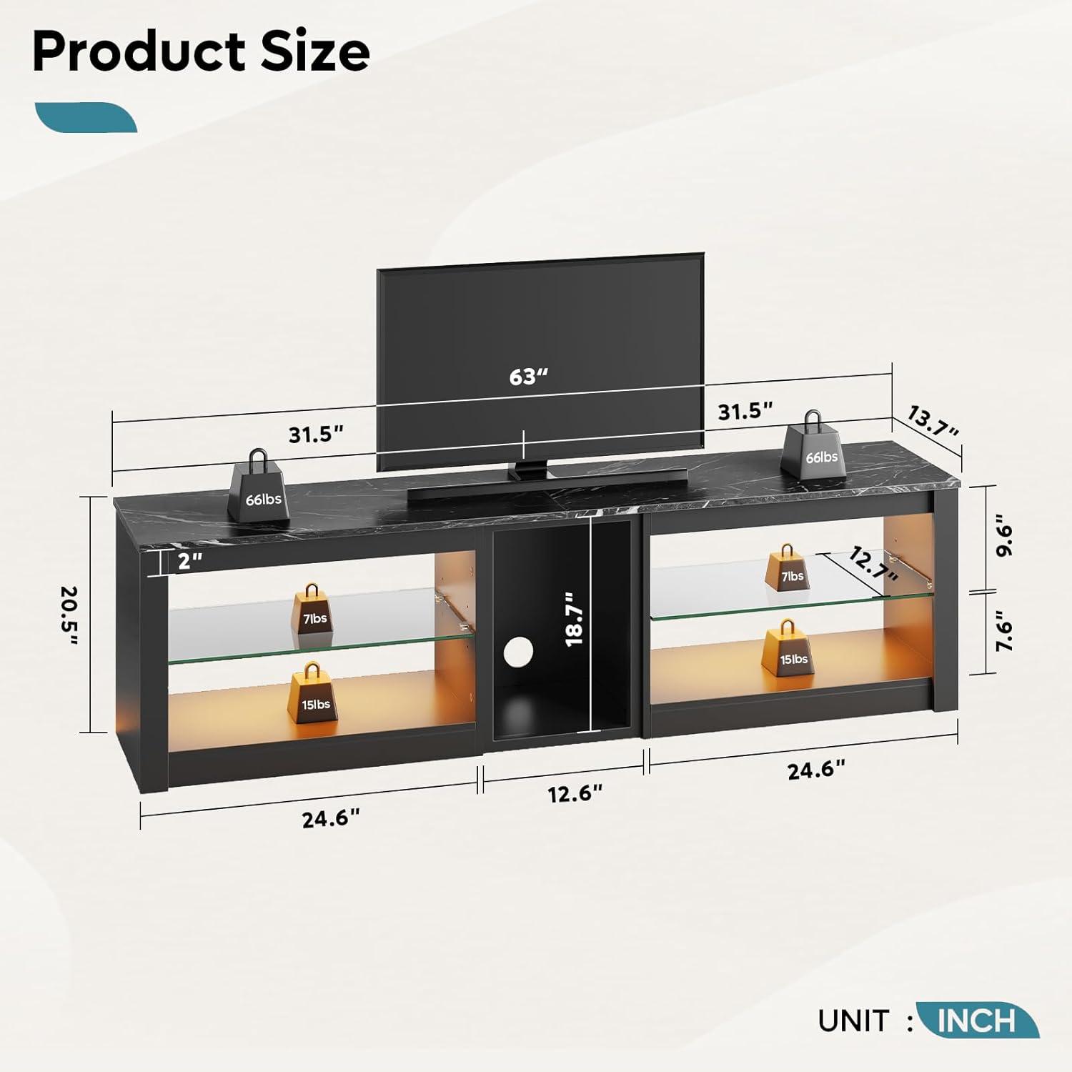 Bestier TV Stand for TVs up to 70" with LED Light, Entertainment Center for PS5 with Shelves, Black Marble