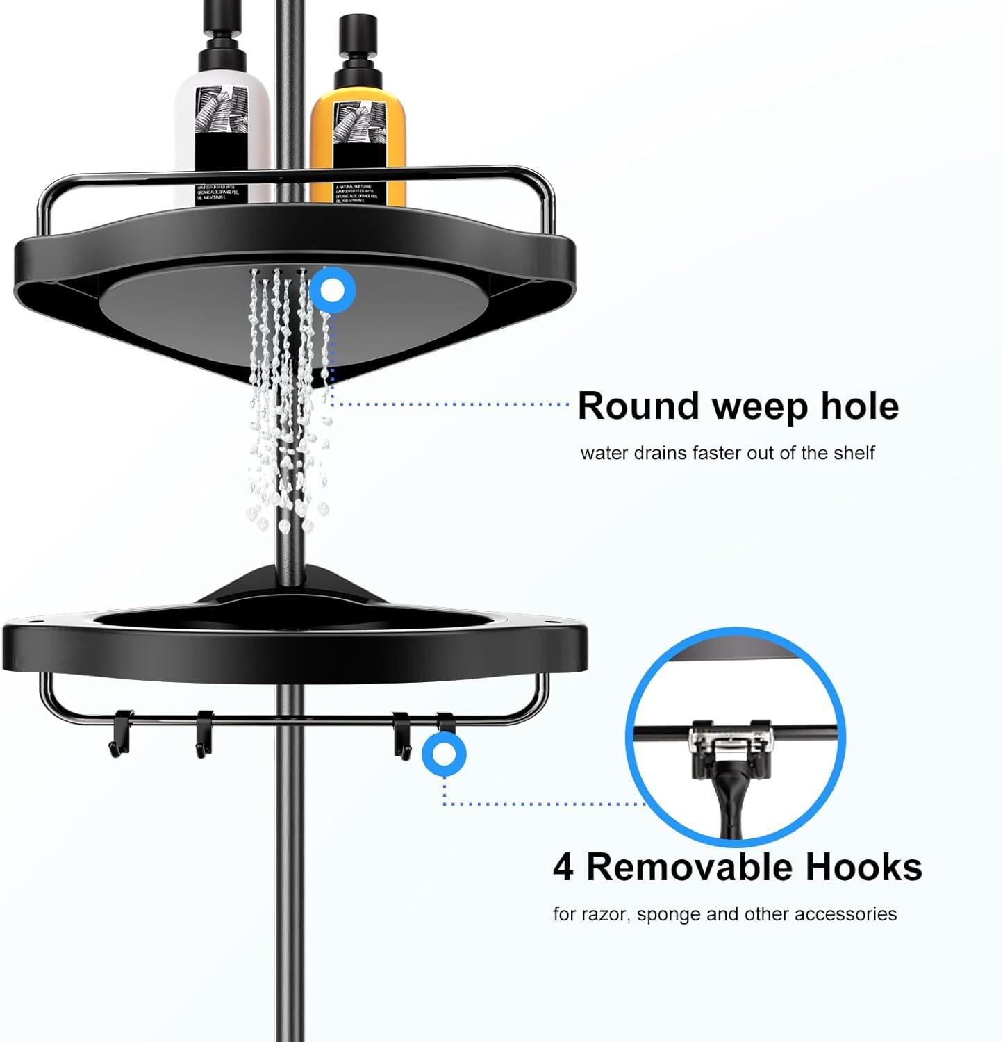 Corner Shower Caddy Tension Pole: Adjustable Stainless Steel Shower Organizer with 4 Tier Shelf for Bathroom Bathtub Tub Shampoo -Floor Standing Rack Bath Storage Holder with Rust Proof Rods - Black