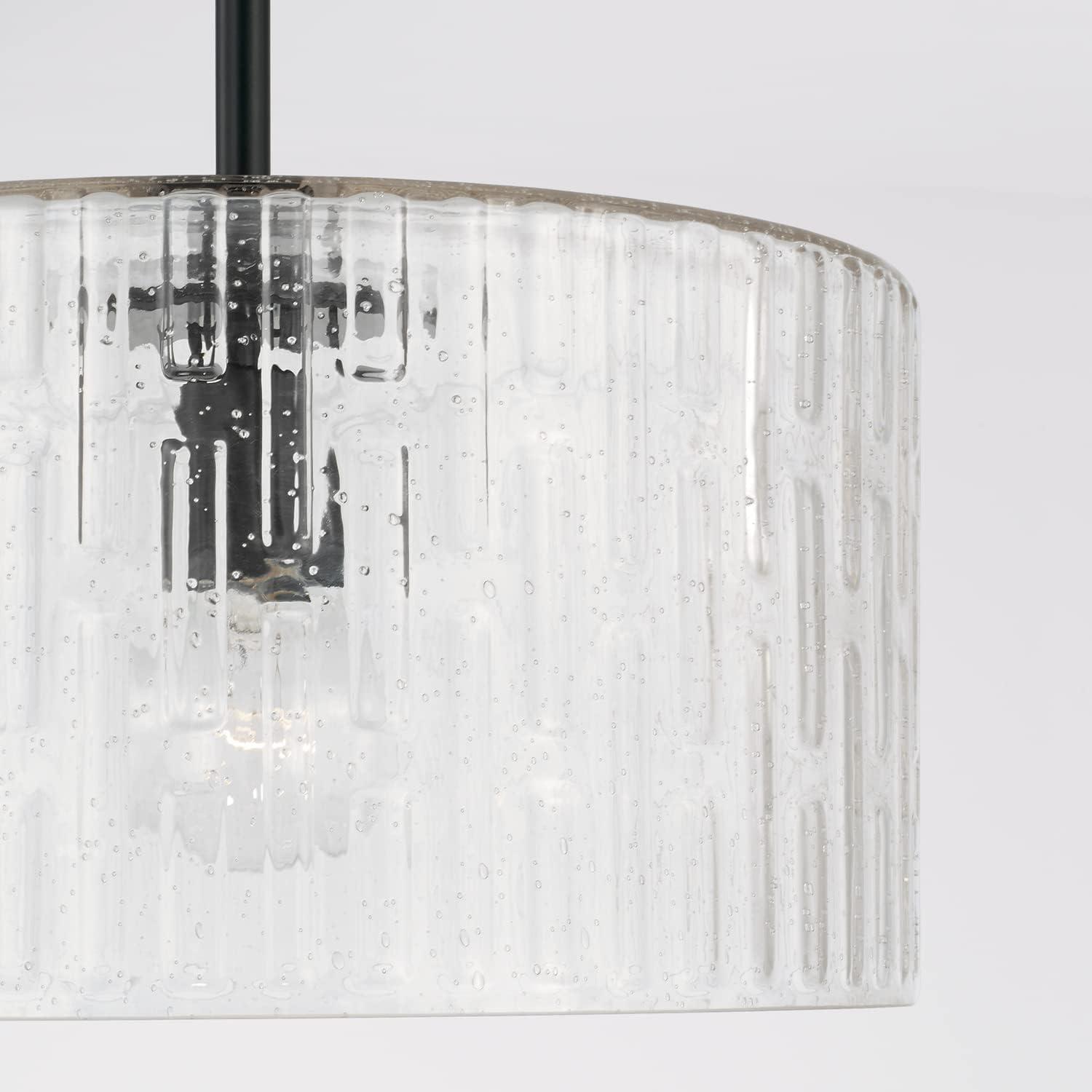 Matte Black and Seeded Glass Drum Pendant Light