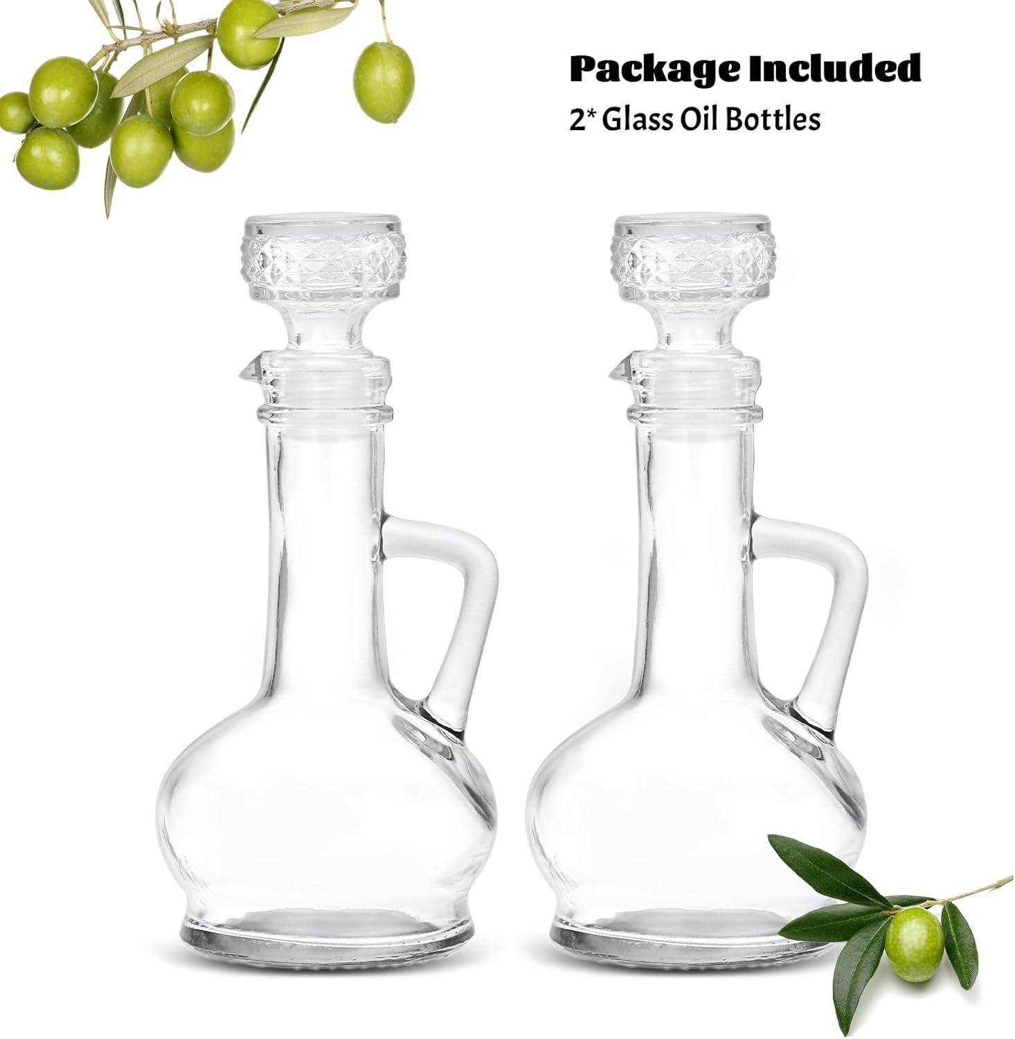 Cornucopia Brands 8oz Glass Oil and Vinegar Cruets (Set of 2); Round Oil Dispensers / Salad Dressing Bottles w/ Stoppers